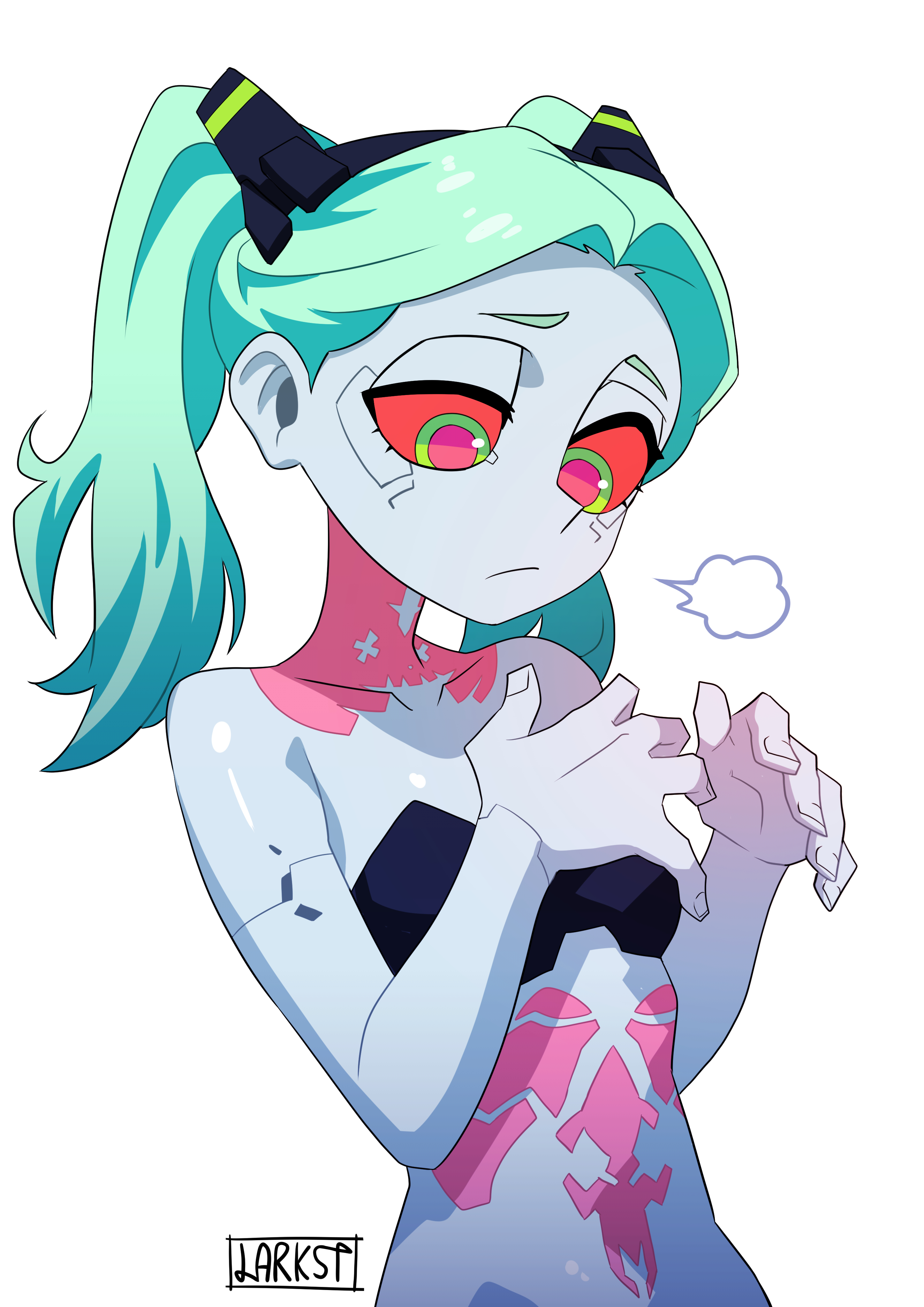 rebecca (cyberpunk), cyberpunk: edgerunners, cyberpunk (series), absurdres, highres, 1girl, artificial eye, bare shoulders, black bra, bra, breasts, closed mouth, colored sclera, colored skin, cyborg, green eyes, green hair, larkst, long hair, looking down, mechanical eye, neck tattoo, petite, pink tattoo, red pupils, red sclera, signature, simple background, small breasts, solo, stomach tattoo, strapless, strapless bra, tattoo, twintails, underwear, underwear only, upper body, white background, white skin