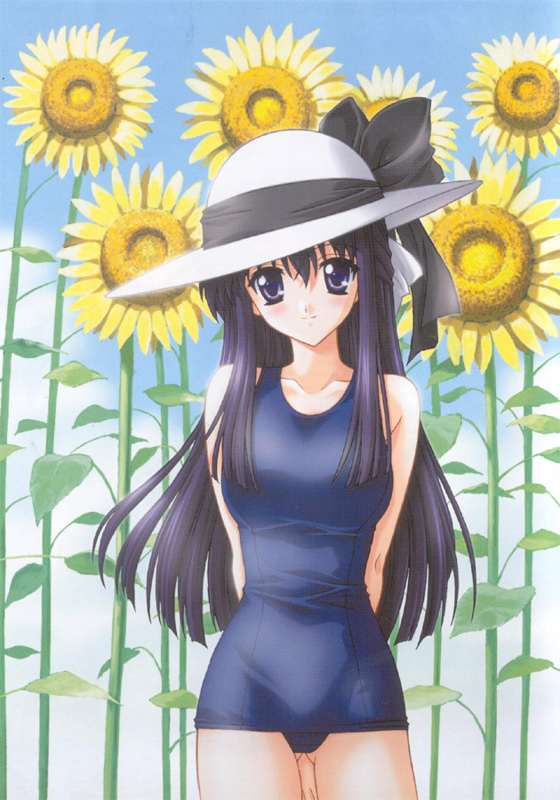 chaamii, shirakawa sayaka, suika (visual novel), 1girl, arms behind back, black bow, black hair, blue eyes, blue one-piece swimsuit, blue school swimsuit, blush, bow, breasts, cloud, collarbone, female focus, flower, hat, hat bow, long hair, medium breasts, one-piece swimsuit, school swimsuit, sky, smile, solo, sun hat, sunflower, swimsuit, white hat
