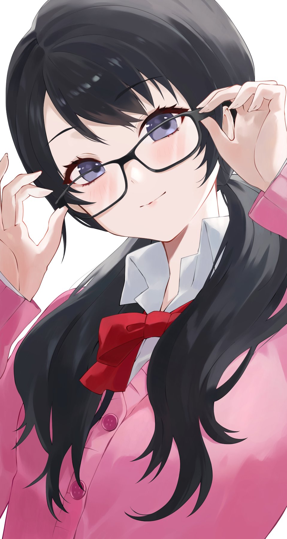 konchi (63438789), noge tomoko, persona, persona 5, persona 5: the phantom x, commentary, highres, 1girl, adjusting eyewear, black-framed eyewear, black hair, blush, bow, bowtie, buttons, cardigan, closed mouth, collared shirt, glasses, long hair, long sleeves, looking at viewer, low twintails, pink cardigan, purple eyes, red bow, red bowtie, shirt, simple background, smile, solo, twintails, white background, white shirt