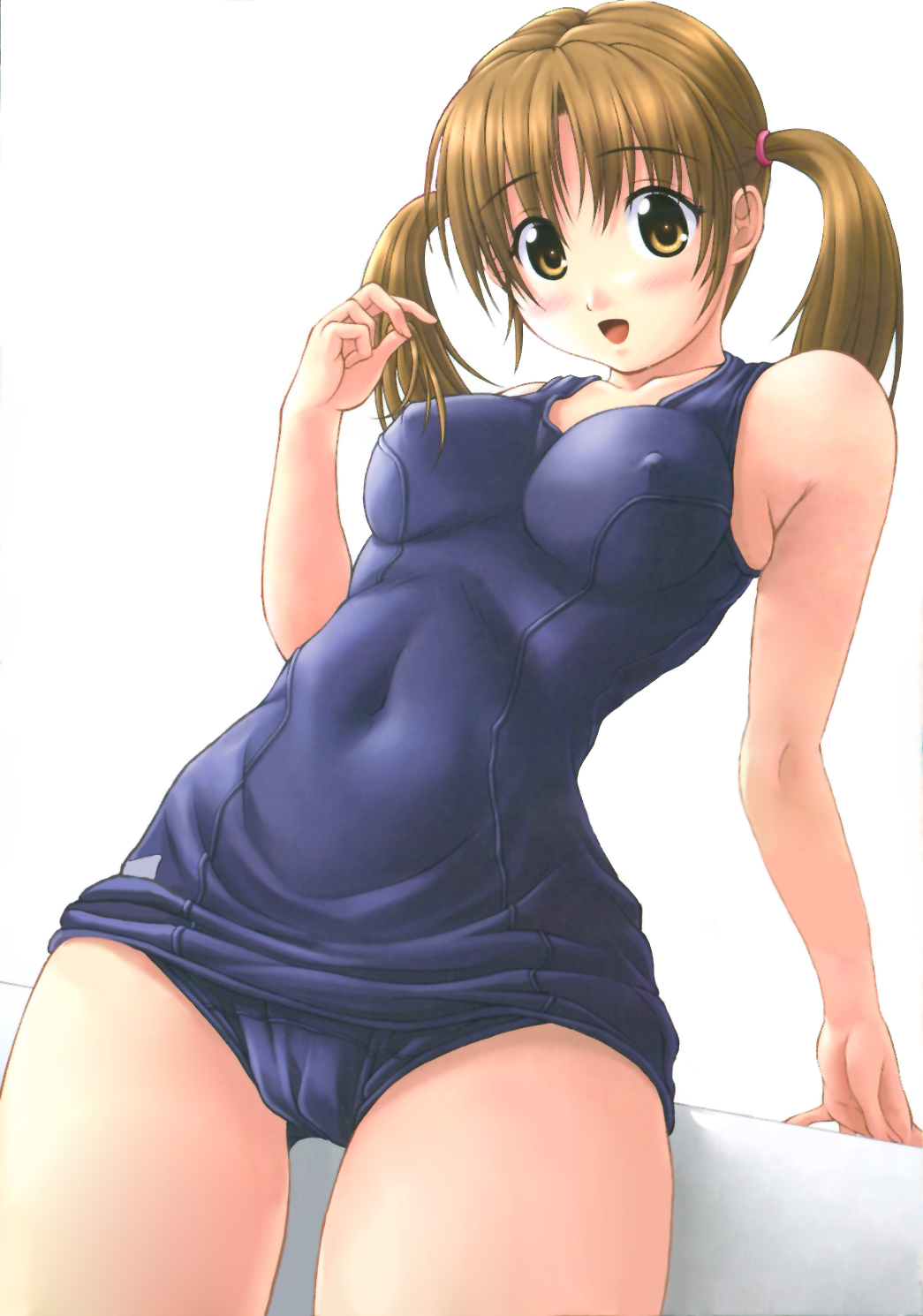 kagehara hanzou, character request, copyright request, highres, 1girl, arm support, blue one-piece swimsuit, blue school swimsuit, blush, breasts, brown eyes, brown hair, collarbone, covered erect nipples, female focus, long hair, looking at viewer, medium breasts, one-piece swimsuit, open mouth, smile, solo, standing, swimsuit, twintails