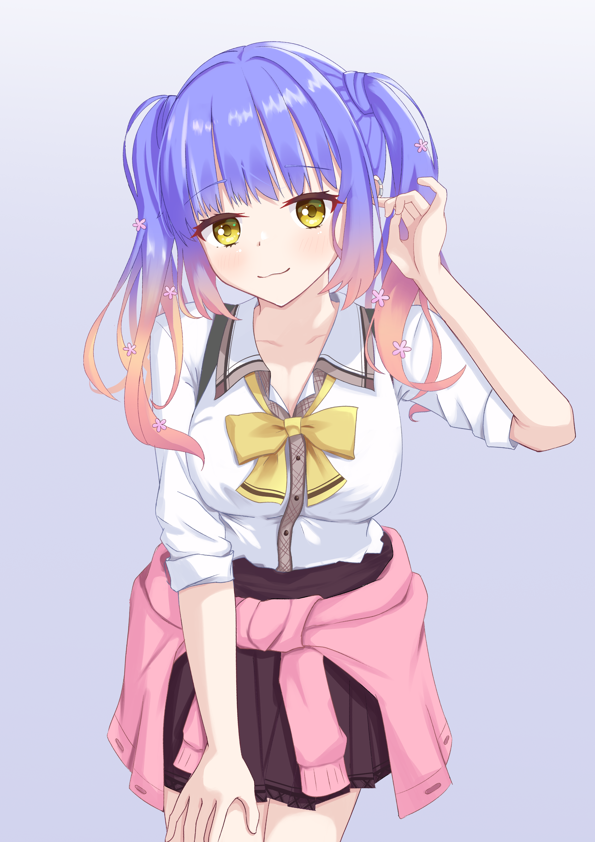 fuyukura, kohibari kurumi, tenshi souzou re-boot!, absurdres, commentary request, highres, 1girl, :3, blue hair, blush, bow, bowtie, breasts, brown skirt, cardigan, cardigan around waist, closed mouth, clothes around waist, collarbone, collared shirt, cowboy shot, earclip, eyelashes, flower, gradient hair, grey background, gyaru, hair flower, hair ornament, hand on own thigh, hand up, high-waist skirt, kogal, large breasts, leaning forward, long hair, long sleeves, looking at viewer, mizuka academy school uniform, multicolored hair, pink flower, pink hair, pleated skirt, school uniform, shirt, sidelocks, simple background, skirt, sleeves rolled up, smile, solo, suspender skirt, suspenders, twintails, white shirt, yellow bow, yellow bowtie, yellow eyes
