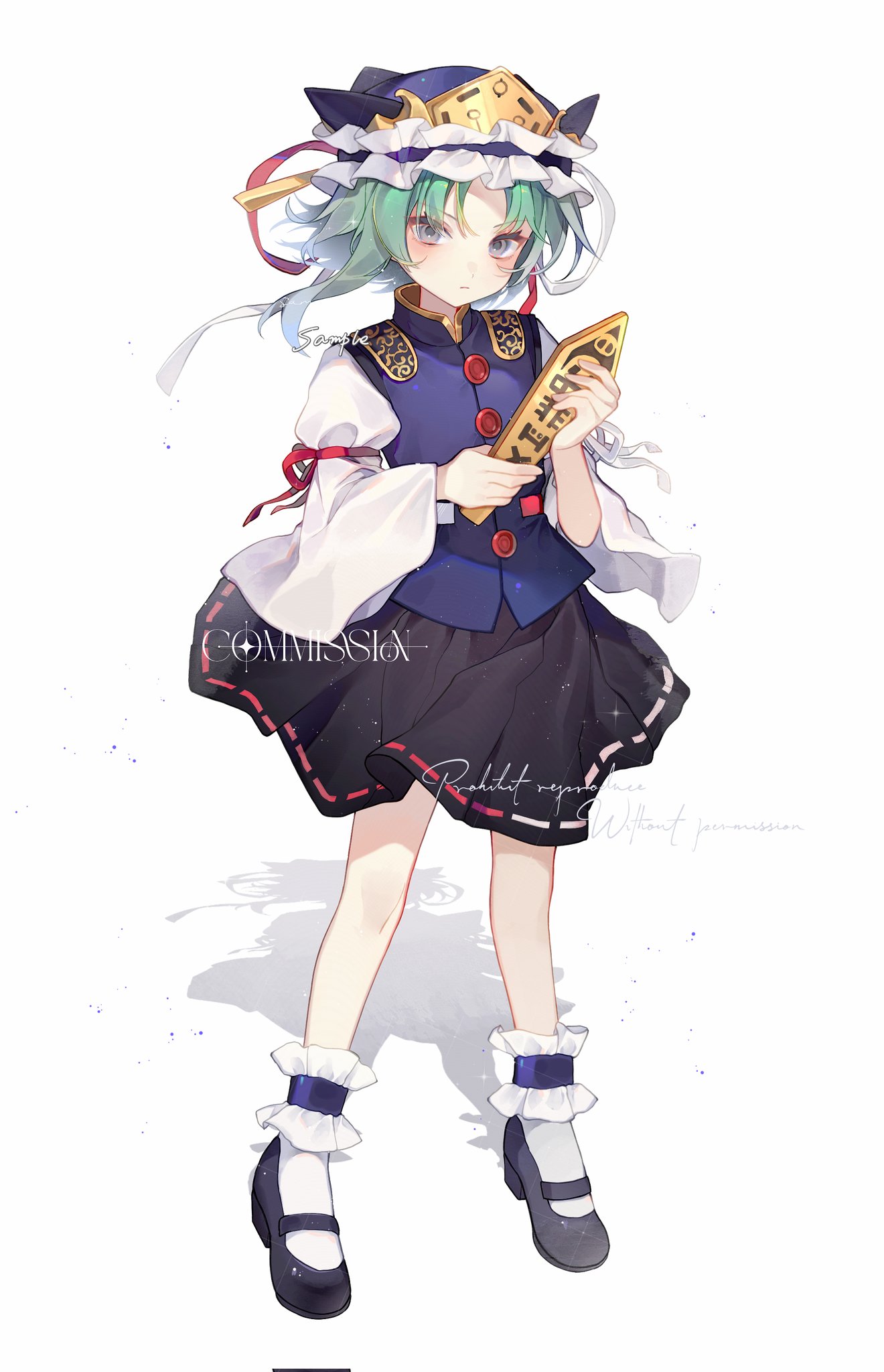 yinco, shiki eiki, touhou, commentary, commission, highres, 1girl, asymmetrical hair, black shoes, black skirt, blue hat, blue vest, buttons, closed mouth, full body, green eyes, green hair, hat, holding, long hair, long sleeves, looking at viewer, mary janes, red ribbon, ribbon, ribbon-trimmed skirt, ribbon trim, rod of remorse, shirt, shoes, simple background, skirt, socks, solo, standing, vest, watermark, white background, white ribbon, white shirt, white socks, wide sleeves