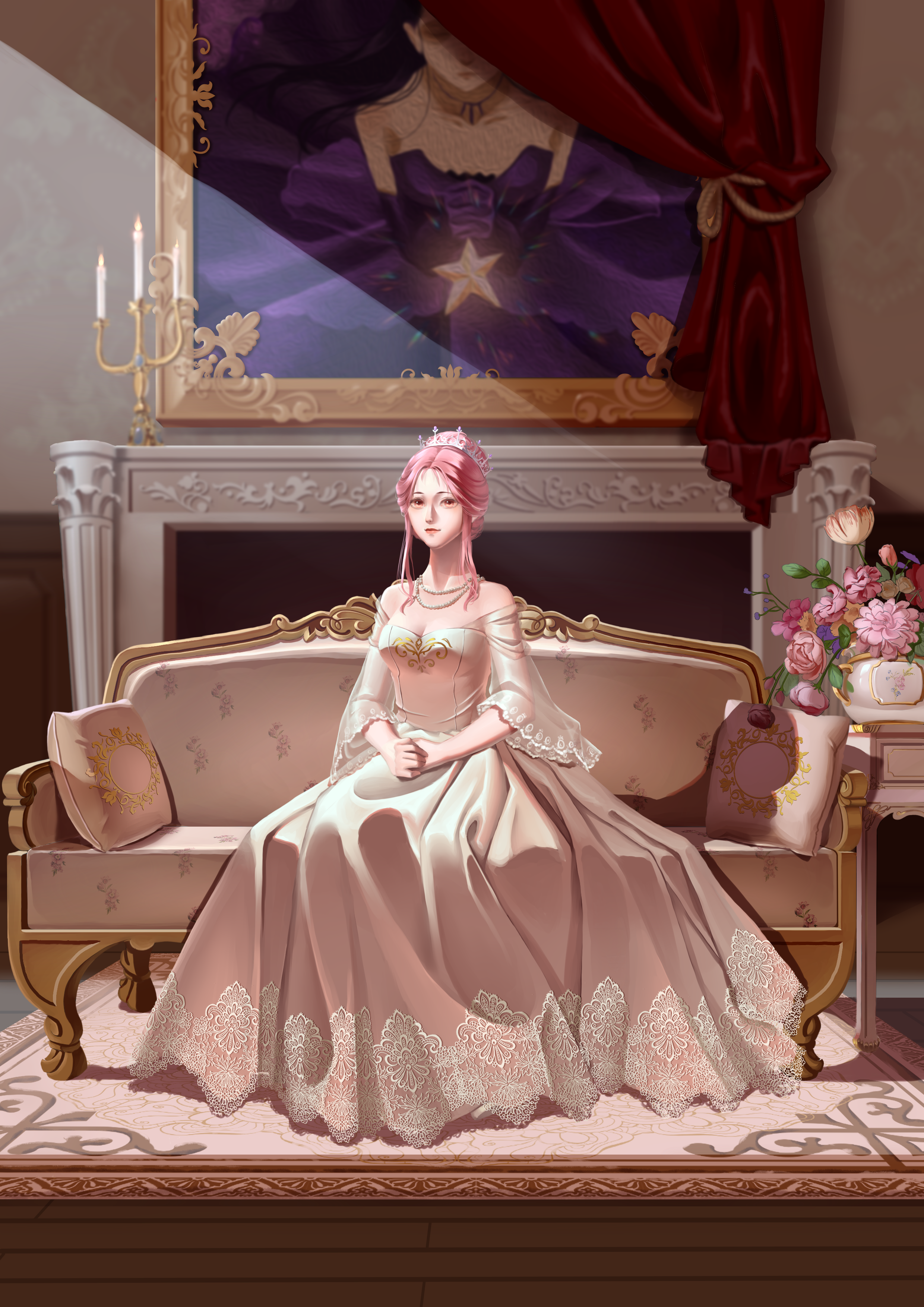 nikki (nikki), star sea (nikki), nikki (series), shining nikki, absurdres, chinese commentary, commentary request, highres, 1girl, aqunaqunyingfen, bead necklace, beads, breasts, brown eyes, candle, candlestand, carpet, cleavage, closed mouth, couch, curtains, dress, expressionless, fireplace, flower, full body, gown, hair bun, hands on lap, indoors, jewelry, lipstick, living room, long dress, long sleeves, looking at viewer, makeup, necklace, off-shoulder dress, off shoulder, on couch, own hands together, painting (object), pillow, pink flower, pink hair, realistic, red lips, short hair with long locks, sidelocks, single hair bun, sitting, solo, three-quarter sleeves, tiara, vase, white dress, wide sleeves, wooden floor