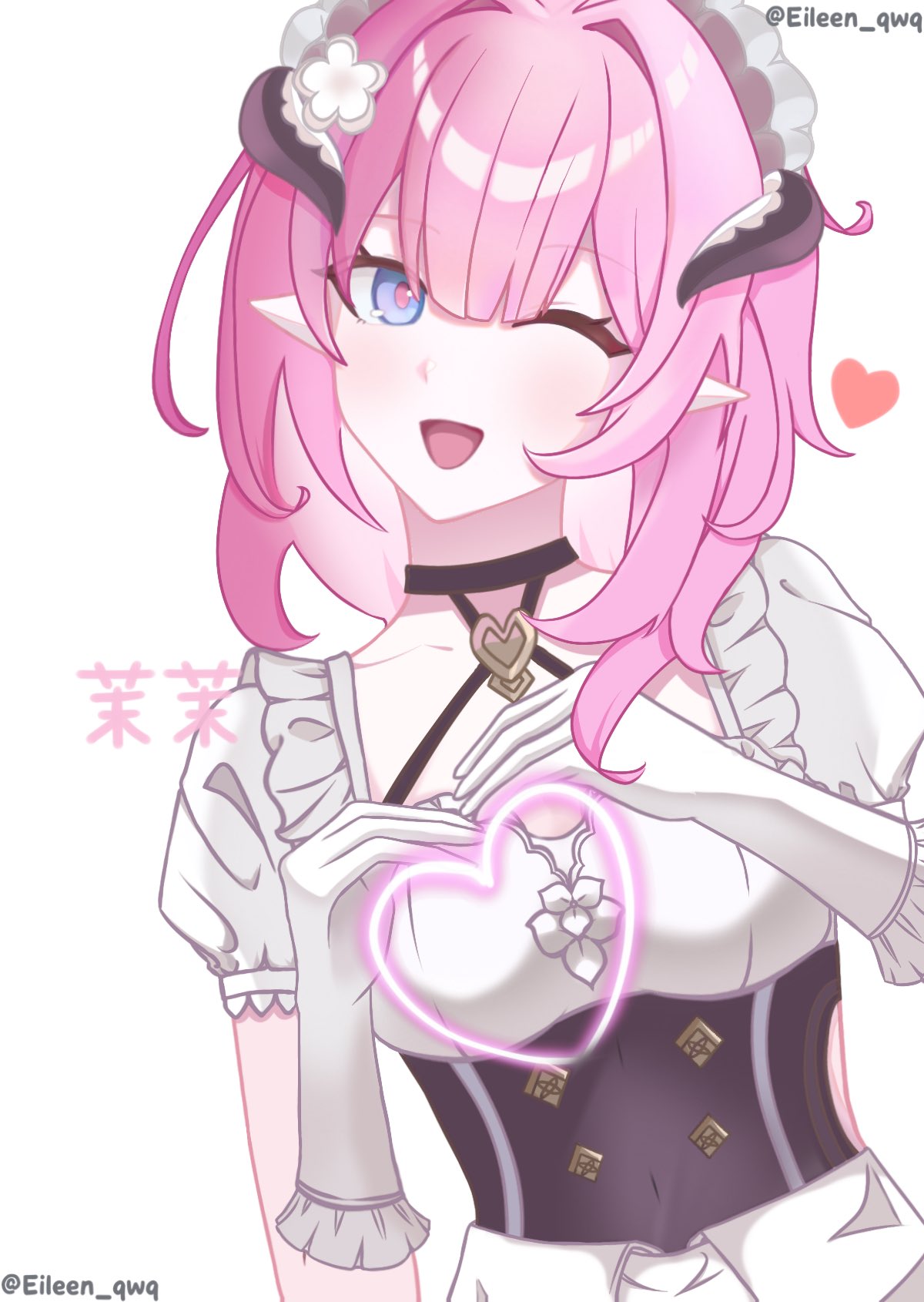 elysia (honkai impact), elysia (miss pink) (honkai impact), elysia (miss pink elf) (honkai impact), honkai (series), honkai impact 3rd, hashtag-only commentary, highres, translation request, 1girl, ;o, black choker, black dress, blue eyes, choker, dress, eileen qwq, elf, fake horns, gloves, heart, horns, long hair, maid, maid headdress, official alternate costume, one eye closed, pink hair, pointy ears, puffy short sleeves, puffy sleeves, short sleeves, simple background, solo, twitter username, upper body, very long hair, white background, white gloves