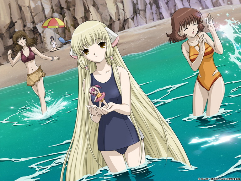 clamp, shimizu takako, chii, hibiya chitose, oomura yumi, shimizu takako (chobits), sumomo (chobits), chobits, 00s, 5girls, android, blonde hair, breasts, brown hair, dutch angle, innertube, large breasts, long hair, looking at viewer, mini person, minigirl, multiple girls, one-piece swimsuit, outdoors, pink hair, school swimsuit, short hair, swim ring, swimsuit, very long hair