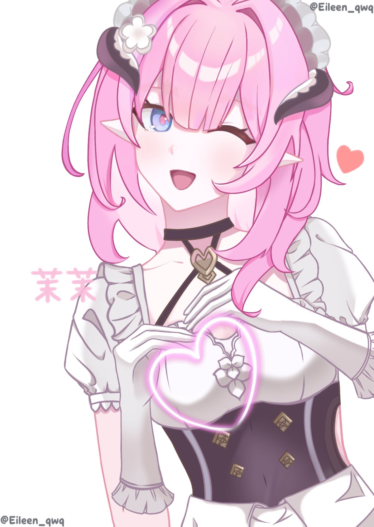 elysia (honkai impact), elysia (miss pink) (honkai impact), elysia (miss pink elf) (honkai impact), honkai (series), honkai impact 3rd, hashtag-only commentary, highres, translation request, 1girl, ;o, black choker, black dress, blue eyes, choker, dress, eileen qwq, elf, fake horns, gloves, heart, horns, long hair, maid, maid headdress, official alternate costume, one eye closed, pink hair, pointy ears, puffy short sleeves, puffy sleeves, short sleeves, simple background, solo, twitter username, upper body, very long hair, white background, white gloves