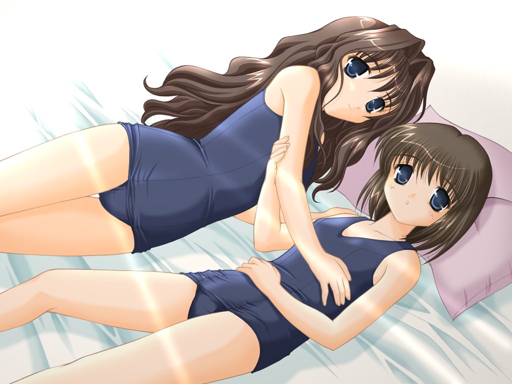 misaka kaori, misaka shiori, kanon, duplicate, 2girls, bed, black hair, blue eyes, breasts, brown hair, flat chest, long hair, multiple girls, one-piece swimsuit, open mouth, pillow, school swimsuit, short hair, small breasts, smile, swimsuit
