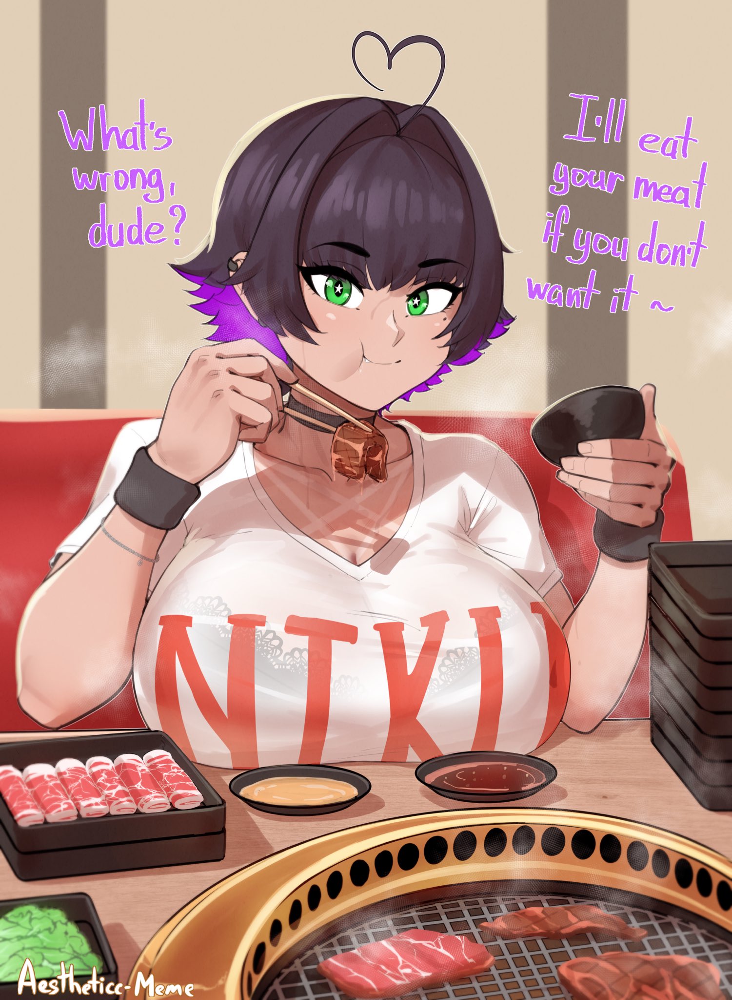 aestheticc-meme, alex (aestheticc-meme), original, highres, 1girl, artist name, black hair, bowl, bra visible through clothes, breasts, choker, chopsticks, clothes writing, eating, food, green eyes, grill, holding, holding chopsticks, huge breasts, looking at viewer, meat, mole, mole on breast, mole under eye, raw meat, restaurant, see-through clothes, see-through shirt, shirt, short hair, sliced meat, solo, tan, tanline, tomboy, yakiniku