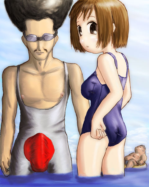 artist request, character request, copyright request, tagme, 1girl, 2boys, multiple boys, one-piece swimsuit, swimsuit