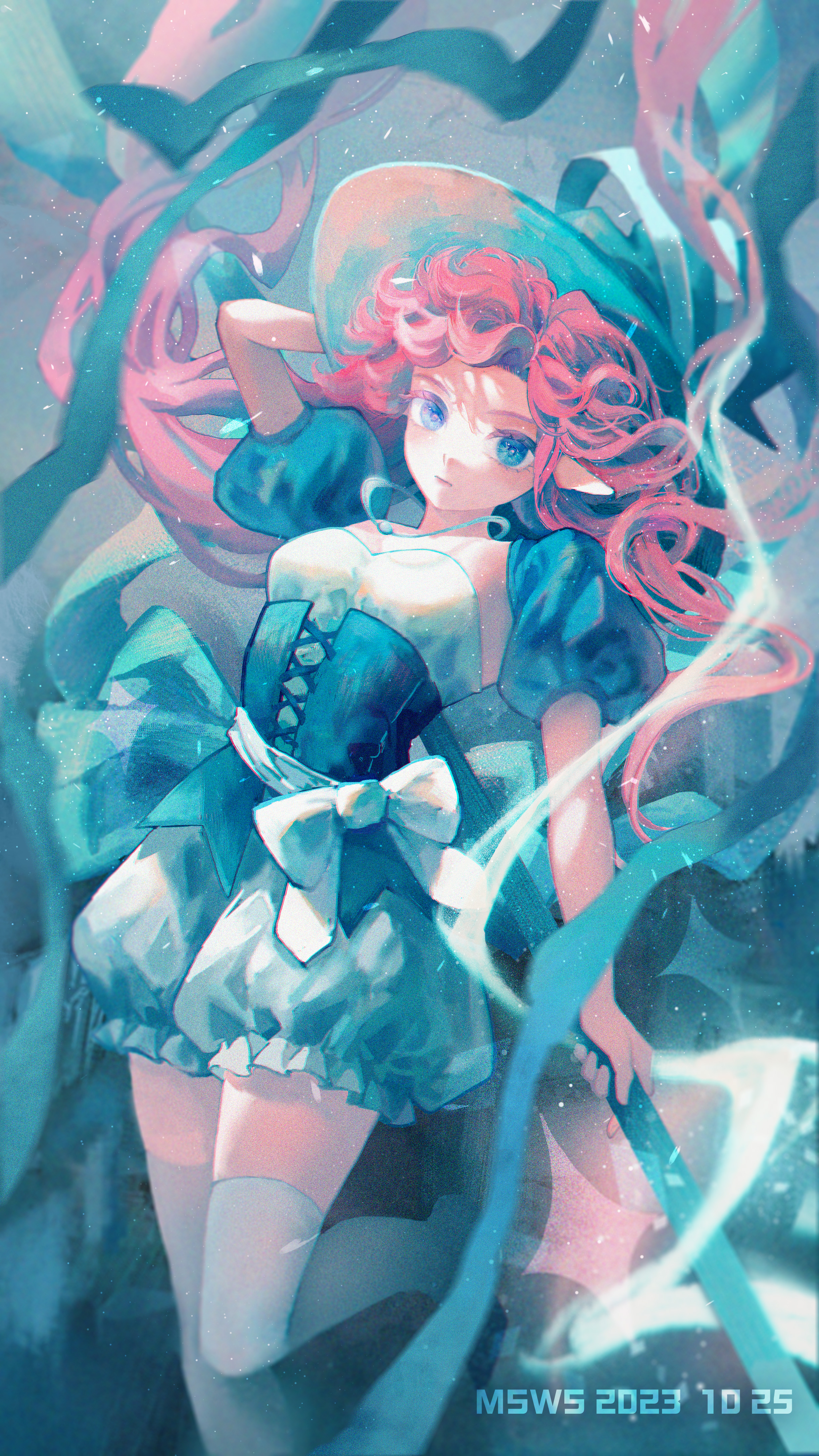 original, absurdres, chinese commentary, commentary, commentary request, english commentary, highres, mixed-language commentary, 1girl, aqua corset, aqua hat, aqua sleeves, arm at side, arm up, bow, corset, curly hair, dated, detached sleeves, film grain, floating hair, foot out of frame, hat, holding, holding staff, long hair, looking at viewer, mian sha wo shui, puffy short sleeves, puffy sleeves, red hair, romper, short sleeves, solo, staff, strapless, strapless romper, white bow, white romper, witch hat