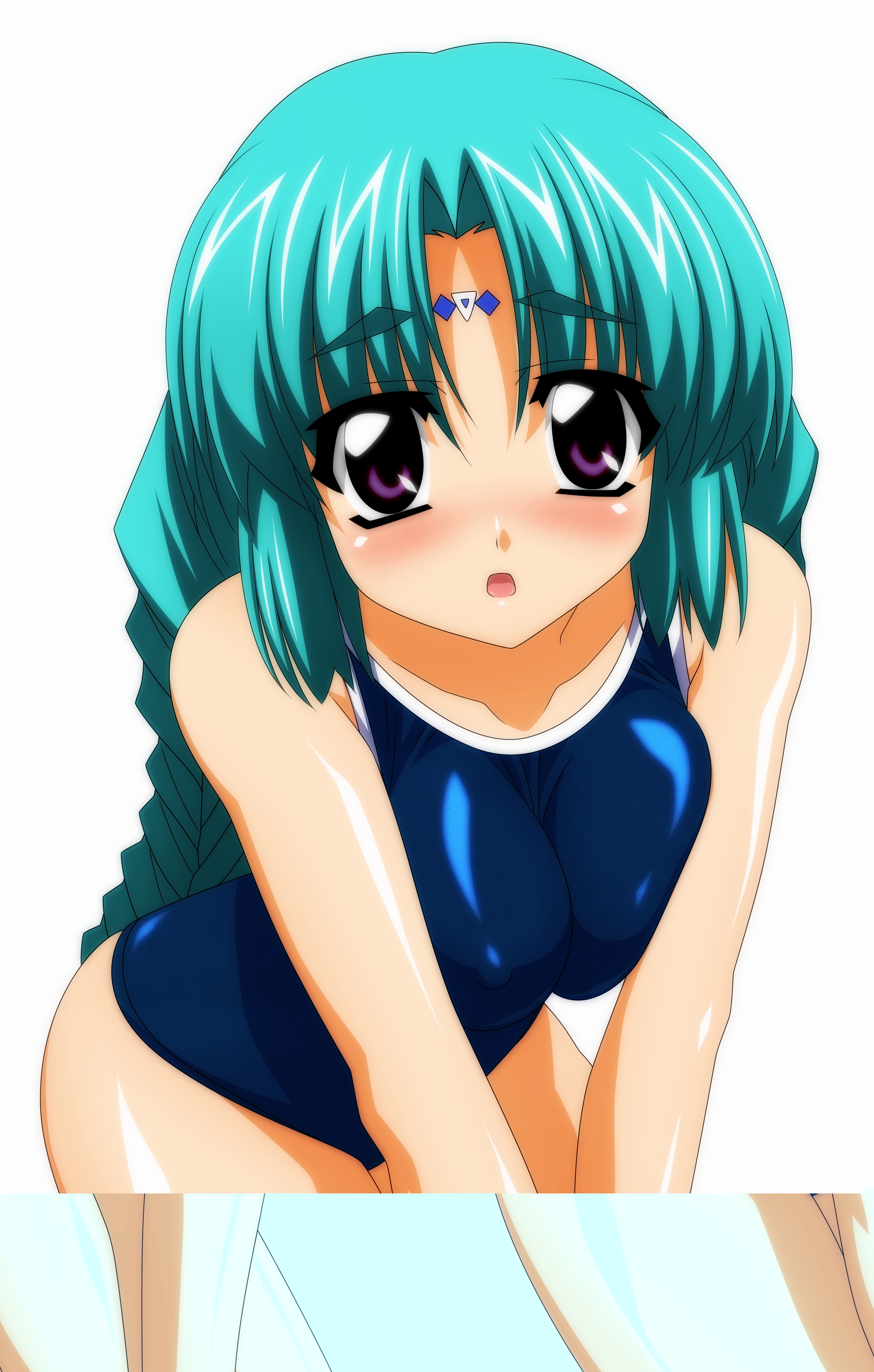 sugimura tomokazu, canal vorfeed, lost universe, absurdres, highres, 1girl, aqua hair, blue one-piece swimsuit, blue school swimsuit, blush, braid, breasts, breasts squeezed together, collarbone, covered erect nipples, facial mark, female focus, forehead mark, large breasts, leaning forward, long hair, looking at viewer, one-piece swimsuit, open mouth, purple eyes, school swimsuit, solo, standing, swimsuit, white background
