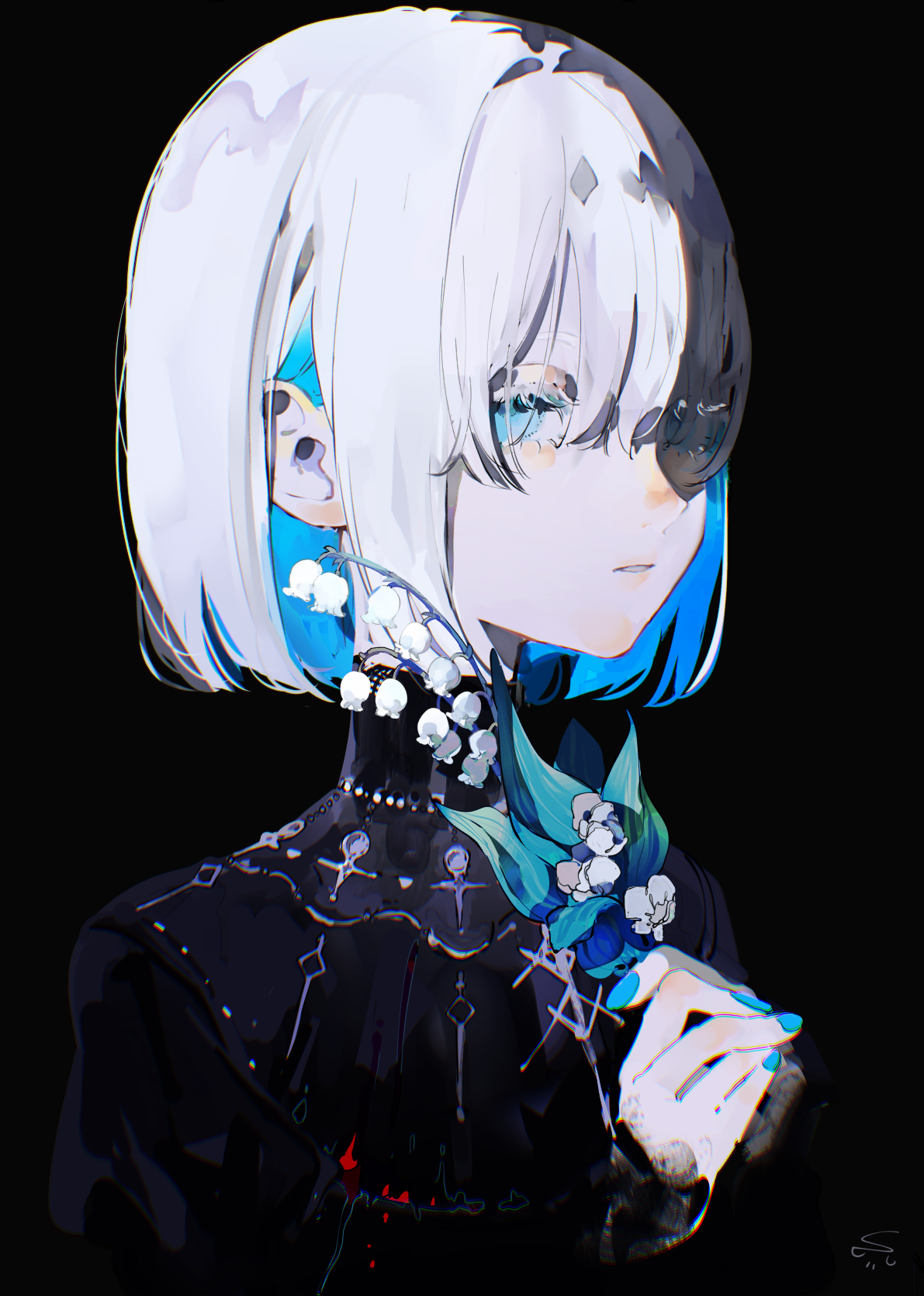 syokumura, original, highres, 1girl, black background, black dress, blue eyes, blue flower, blue hair, blue nails, colored eyelashes, colored inner hair, dress, flower, hair between eyes, high collar, holding, holding flower, leaf, long sleeves, looking at viewer, multicolored hair, nail polish, short hair, signature, solo, two-tone hair, white hair