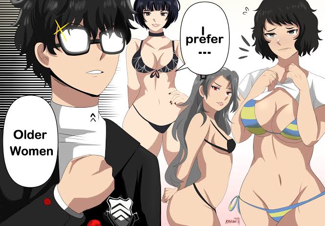 karbuitt, amamiya ren, kawakami sadayo, niijima sae, takemi tae, atlus, megami tensei, persona, persona 5, 3girls, bikini, black hair, brown hair, choker, clothes lift, glasses, multiple girls, shirt, shirt lift, shujin school uniform, speech bubble, spider web print, swimsuit, white background, white hair