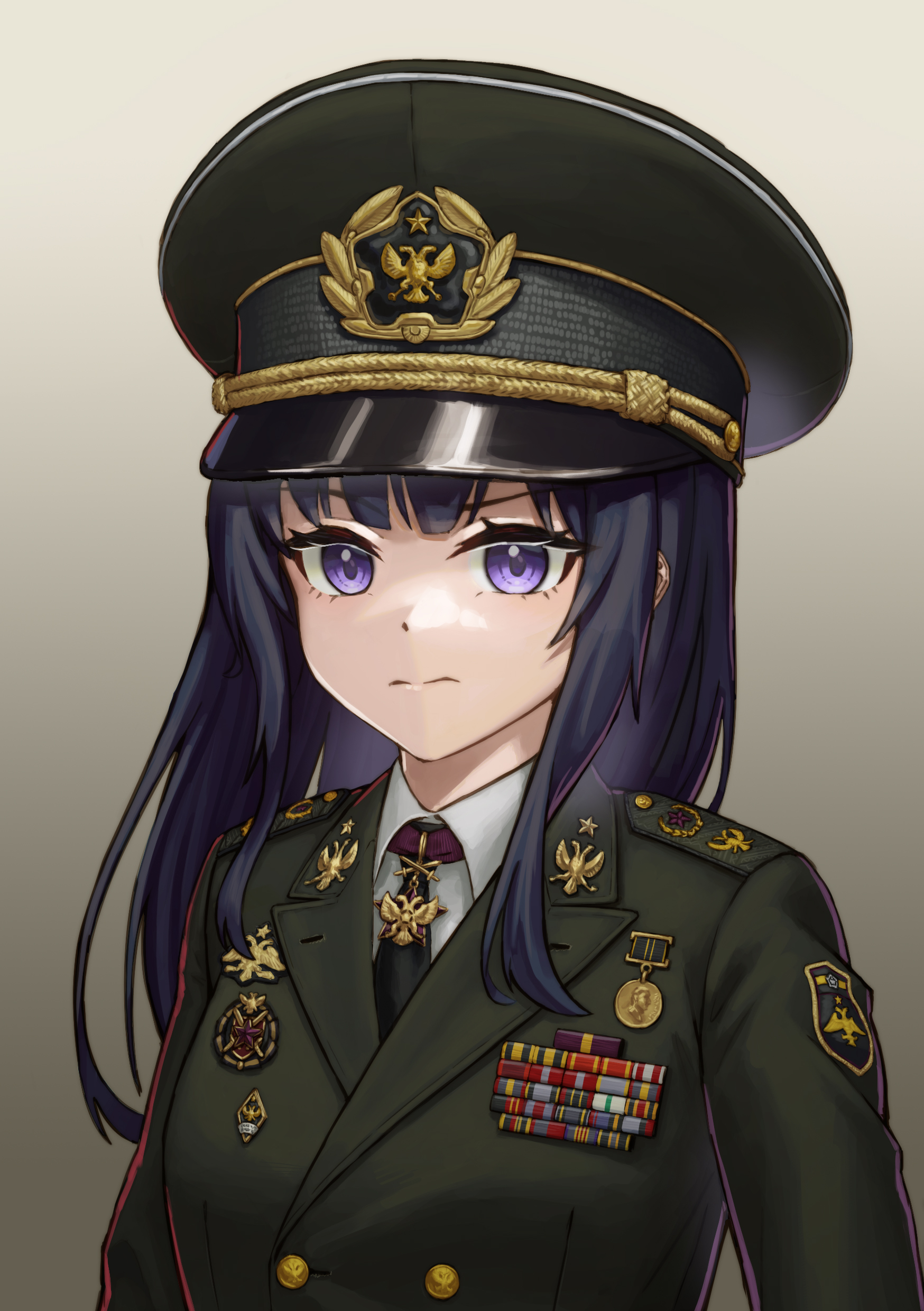 huihuang rongyao, hearts of iron, the new order: last days of europe, highres, 1girl, black hair, black necktie, buttons, dmitry yazov, double-breasted, double-headed eagle, genderswap, genderswap (mtf), green jacket, hat, jacket, long hair, medal, military dress uniform, military hat, military jacket, military uniform, necktie, peaked cap, portrait, purple eyes, russia, shirt, shoulder boards, siberian black league, sidelocks, straight hair, white shirt