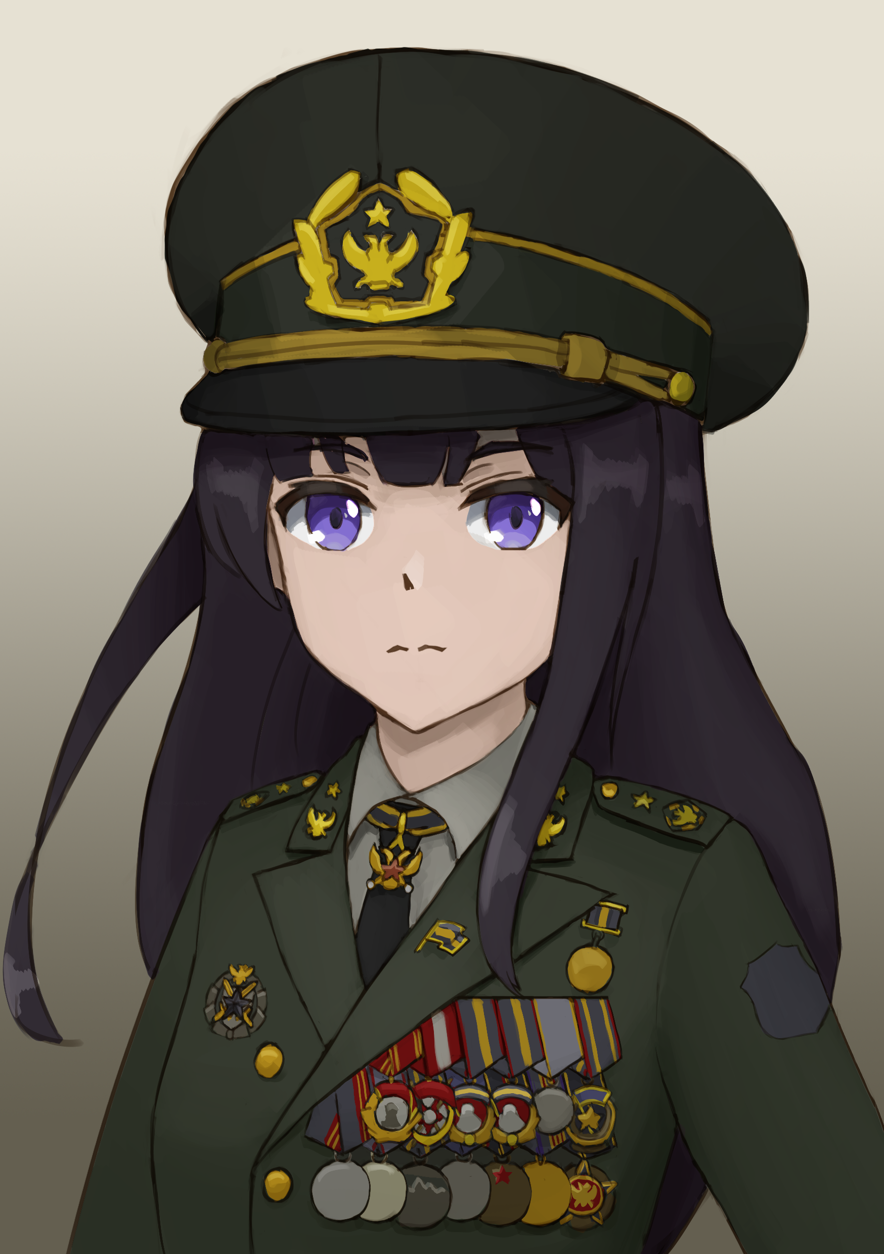 huihuang rongyao, dmitry yazov, hearts of iron, the new order: last days of europe, highres, 1girl, black hair, black necktie, buttons, double-headed eagle, genderswap, genderswap (mtf), green jacket, hat, jacket, long hair, medal, military dress uniform, military hat, military jacket, military uniform, necktie, peaked cap, portrait, purple eyes, russia, shirt, shoulder boards, siberian black league, sidelocks, straight hair, white shirt