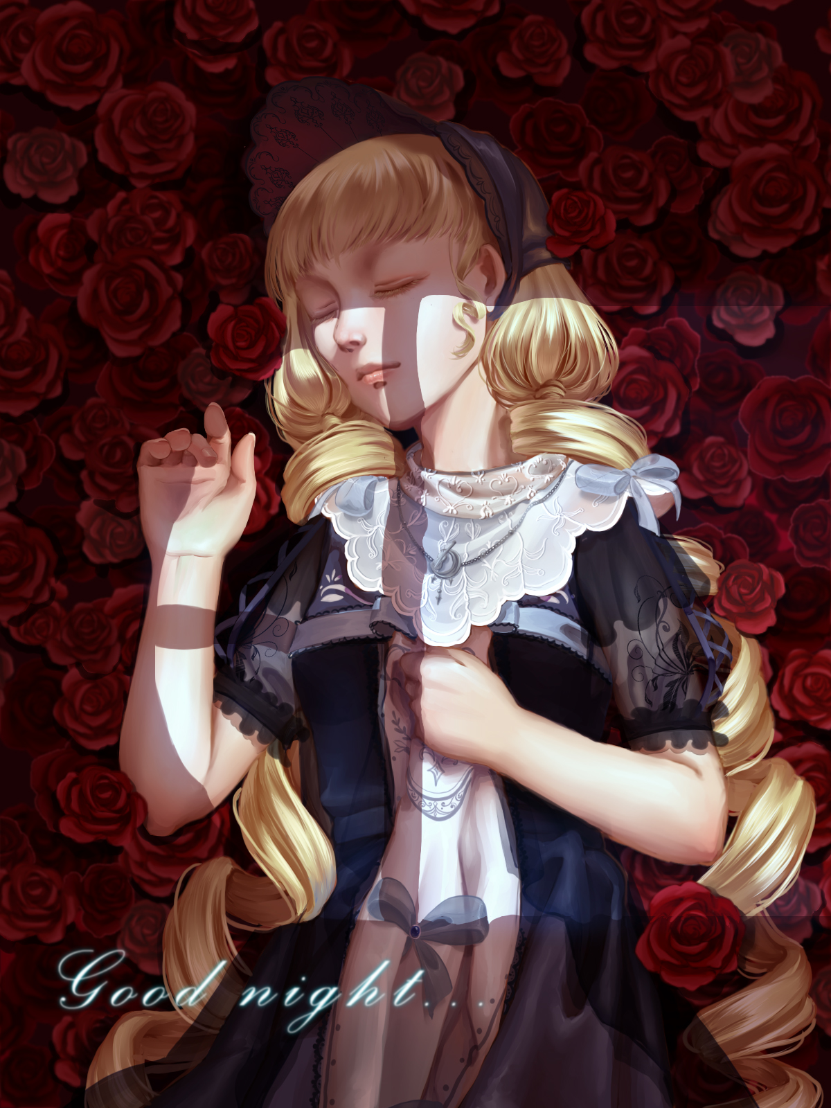 nikki (series), shining nikki, chinese commentary, commentary, highres, 1girl, aqunaqunyingfen, bare arms, black bonnet, black dress, blonde hair, blue bow, blue collar, bonnet, bow, classic lolita, clenched hand, closed eyes, closed mouth, collar, cowboy shot, dress, drill hair, english text, field, flower, flower field, frilled sleeves, frills, hand on own chest, layered dress, lips, lolita fashion, long hair, low twintails, lying, nostrils, on back, palms, pink lips, puffy short sleeves, puffy sleeves, realistic, red bonnet, red flower, red rose, rose, short sleeves, sleeping, solo, sugary lullaby (shining nikki), twin drills, twintails, two-sided fabric, two-sided headwear, very long hair, white dress