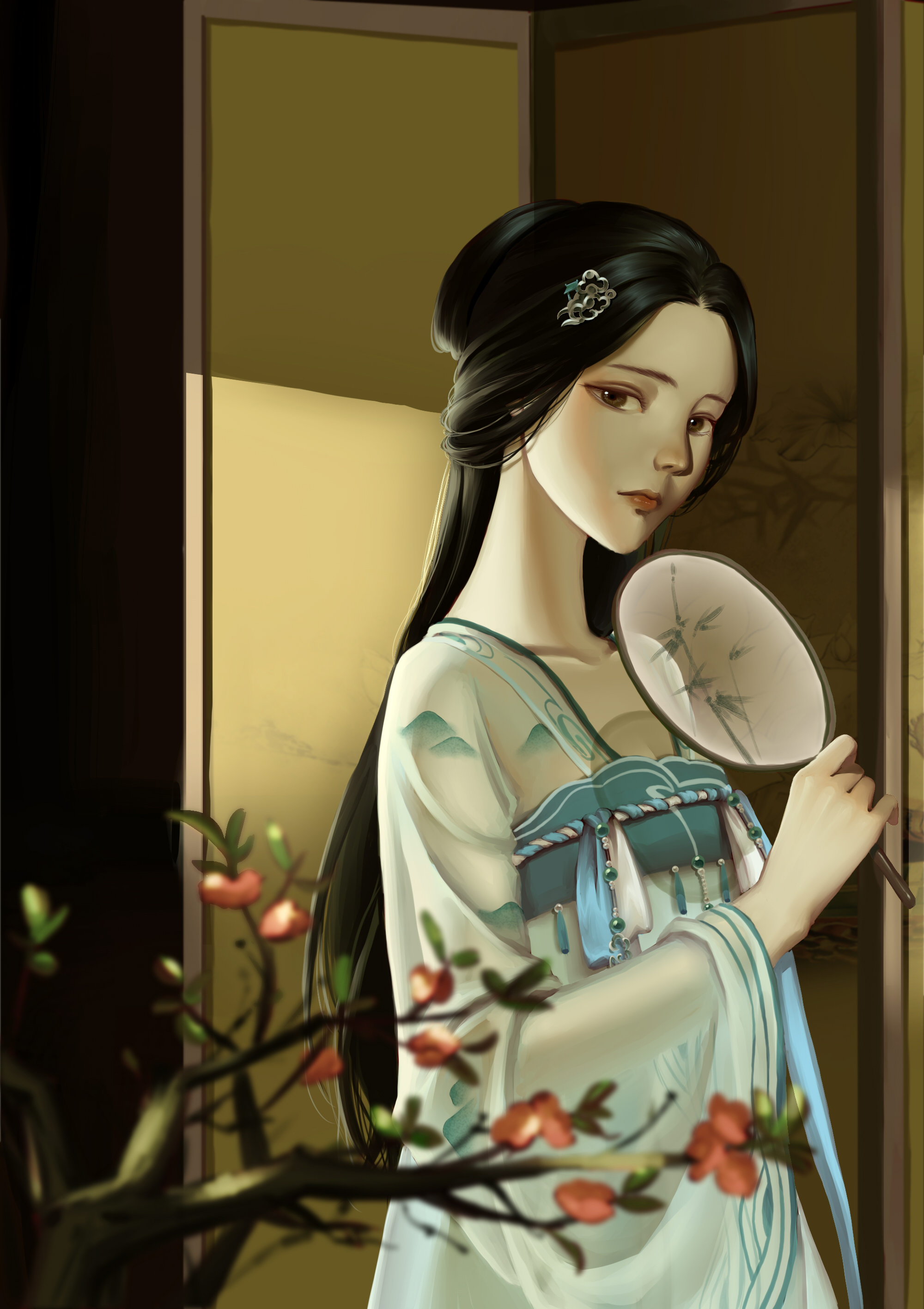 nikki (series), shining nikki, absurdres, chinese commentary, commentary request, highres, partial commentary, 1girl, aqunaqunyingfen, black hair, blue hanfu, branch, brown eyes, cherry blossoms, chinese clothes, closed mouth, collarbone, cowboy shot, doorway, expressionless, flower, forehead, hair bun, hair ornament, hairclip, hand fan, hanfu, holding, holding fan, indoors, jade spring (shining nikki), leaf, lipstick, long hair, long sleeves, makeup, nostrils, open door, pink flower, realistic, red lips, see-through clothes, see-through sleeves, single hair bun, solo, standing, straight hair, tuanshan, very long hair, wide sleeves