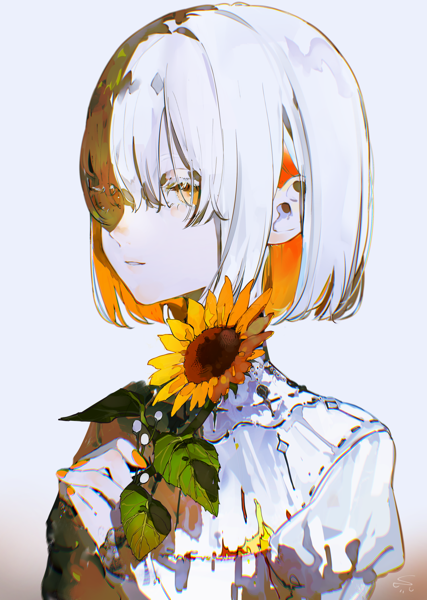 syokumura, original, highres, 1girl, colored eyelashes, colored inner hair, dress, flower, hair between eyes, high collar, holding, holding flower, leaf, long sleeves, looking at viewer, multicolored hair, nail polish, orange eyes, orange hair, orange nails, short hair, signature, solo, sunflower, two-tone hair, white background, white dress, white hair, yellow flower