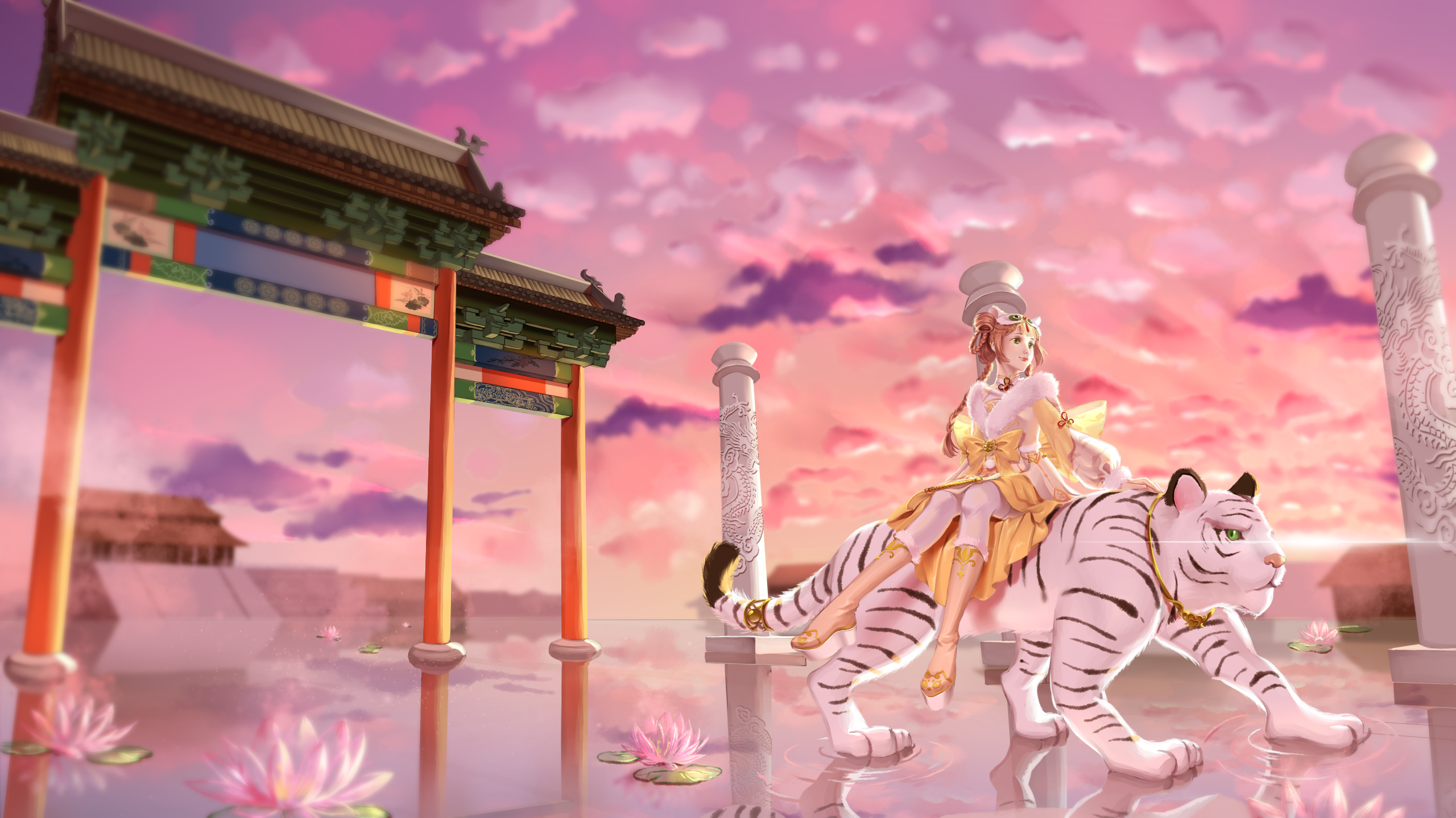 nikki (series), shining nikki, chinese commentary, commentary request, highres, partial commentary, 1girl, animal, animal ears, aqunaqunyingfen, back bow, bell, blunt bangs, bow, brown hair, closed mouth, cloud, extra ears, flaming tiger (shining nikki), flower, full body, fur-trimmed hanfu, green eyes, hair ornament, happy, lake, large bow, lily pad, lipstick, long hair, long sleeves, looking ahead, looking to the side, lotus, makeup, mask, mask on head, multiple torii, neck bell, pants, pink flower, pink sky, platform shoes, puffy long sleeves, puffy sleeves, realistic, red lips, reflection, reflective water, riding, riding animal, ripples, shoes, shrine, sky, smile, solo, stairs, sun, sunset, tassel, tassel hair ornament, tiger, tiger ears, tiger girl, tiger mask (object), torii, town, waist bow, walking, walking on liquid, white mask, white pants, white shoes, white tiger, yellow bow, yellow hanfu