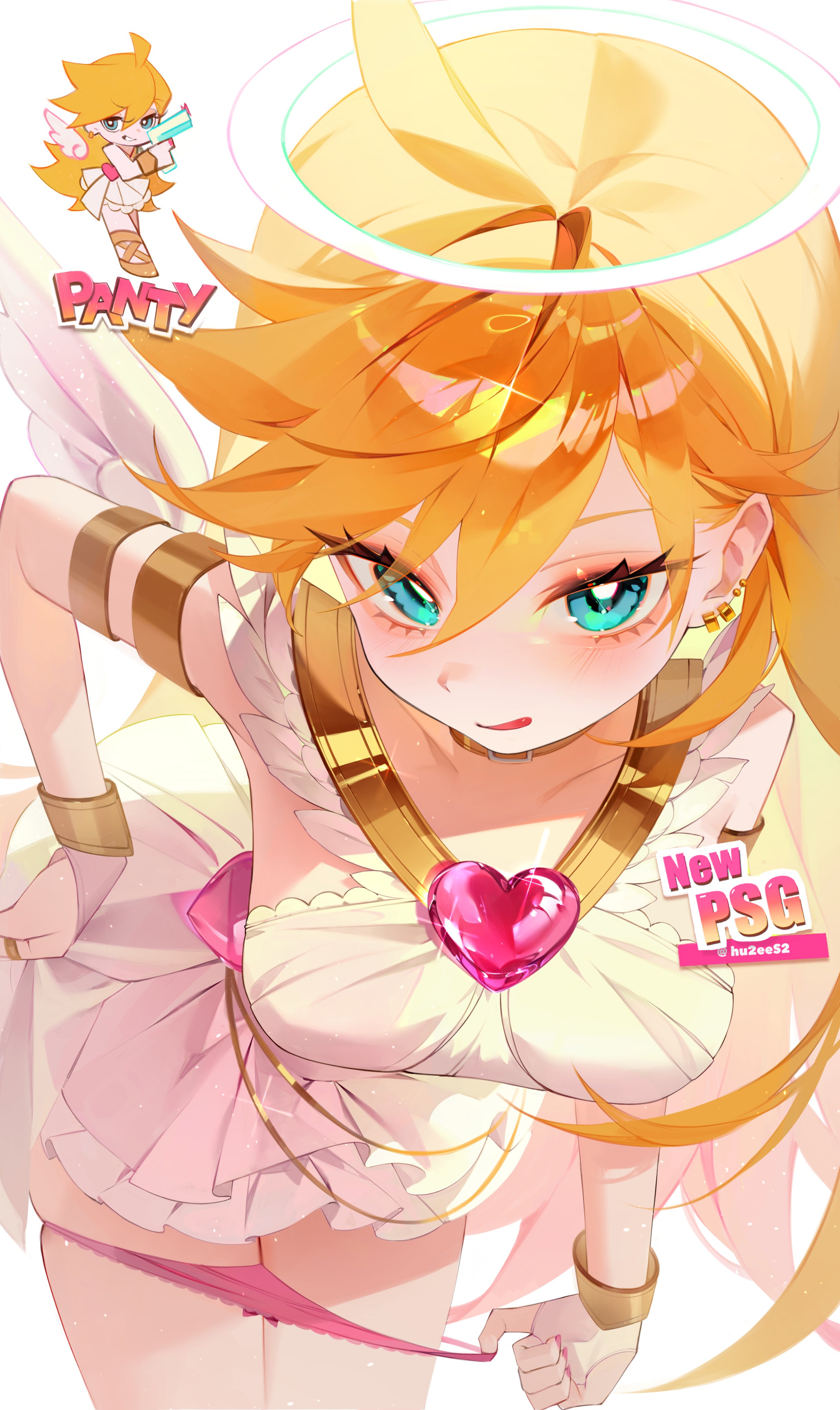 hu2ees2, panty (psg), panty & stocking with garterbelt, absurdres, commentary, english commentary, highres, 1girl, :q, ahoge, angel wings, armlet, belt collar, bent over, blonde hair, blue eyes, blush, bracer, breasts, bright pupils, character name, chibi, chibi inset, collar, cowboy shot, detached wings, dress, ear piercing, earrings, fingernails, gem, grin, gun, hair between eyes, halo, handgun, heart-shaped gem, holding, holding gun, holding weapon, jewelry, large breasts, legs together, long fingernails, long hair, looking at viewer, nail polish, panties, panty pull, piercing, pink gemstone, pink nails, pink panties, pulling own clothes, smile, standing, tongue, tongue out, traditional halo, twitter username, underwear, very long hair, weapon, white background, white dress, white pupils, white wings, wings