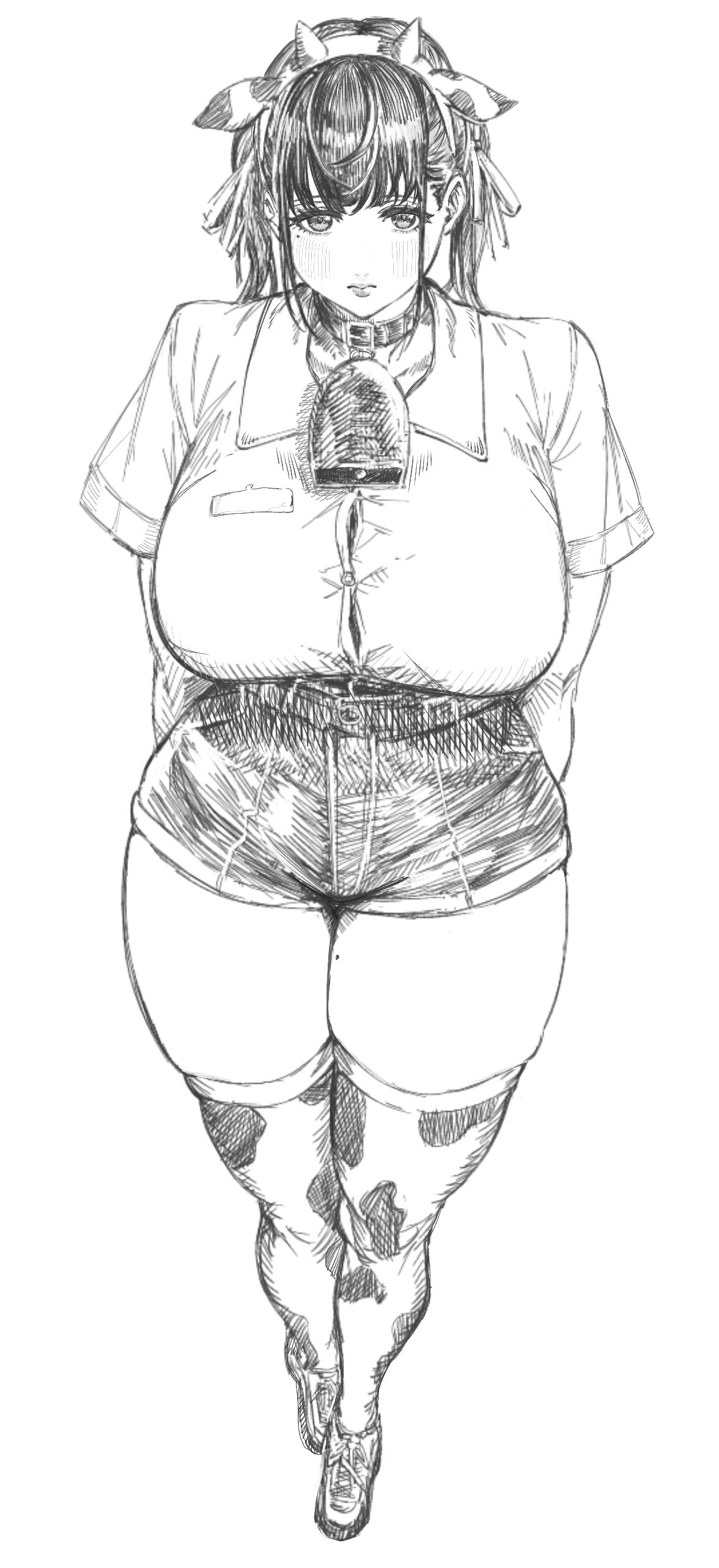 indinu, futao miruku (riki), original, absurdres, highres, revision, 1girl, animal ear hairband, animal ears, animal print, arms behind back, bell, blush, borrowed character, breasts, button gap, closed mouth, collared shirt, cow ear hairband, cow ears, cow girl, cow horns, cow print, cow print thighhighs, cowbell, curvy, dress shirt, fake animal ears, fake horns, fanged bangs, full body, greyscale, hair ribbon, hairband, horn hairband, horns, large breasts, mole, mole on thigh, mole under eye, monochrome, neck bell, plump, print thighhighs, ribbon, shirt, shirt tucked in, shoes, short shorts, short sleeves, shorts, simple background, sneakers, solo, thick thighs, thighhighs, thighs, twintails, white background, wide hips, wing collar