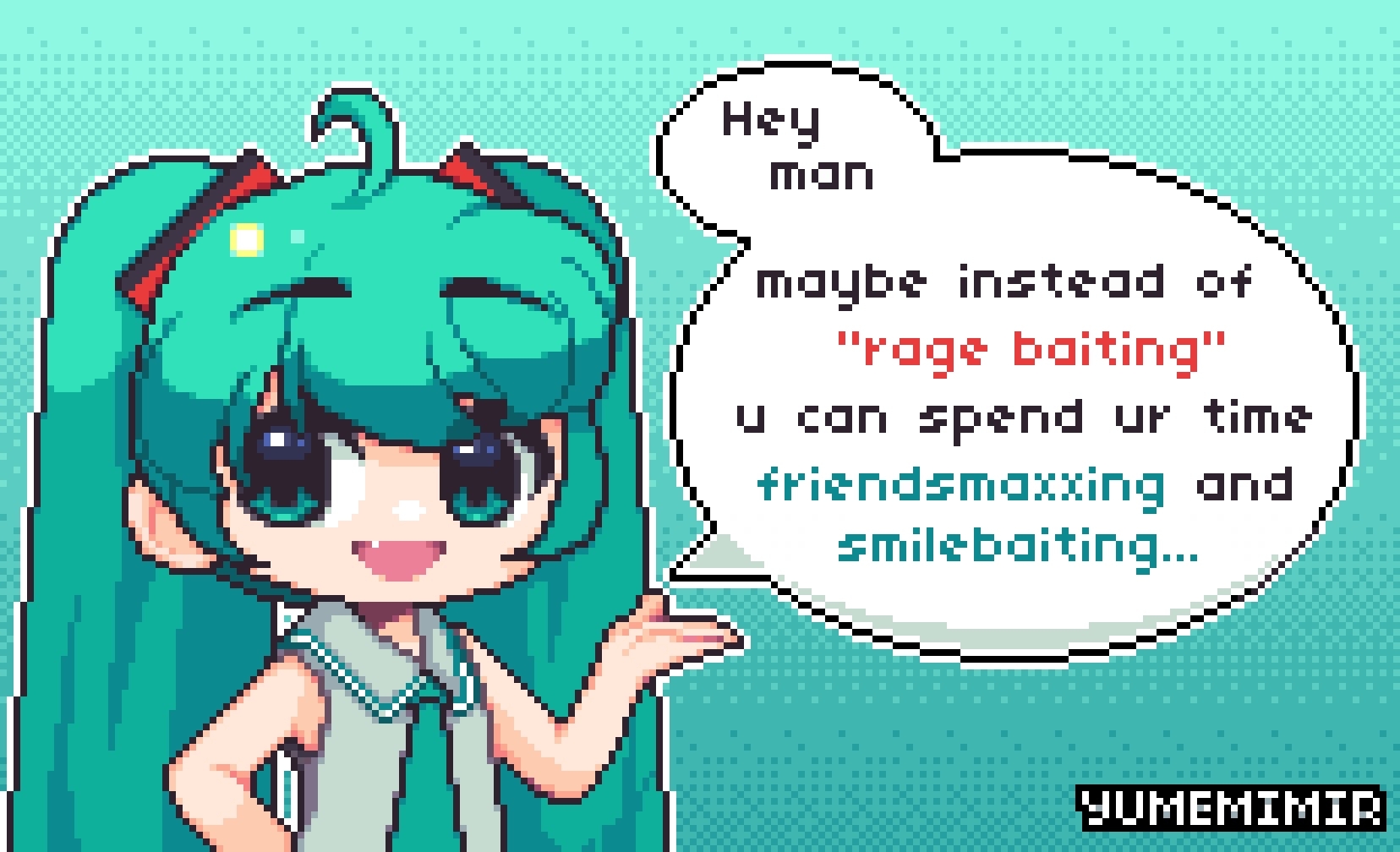 hatsune miku, vocaloid, commentary, highres, symbol-only commentary, 1girl, :d, ahoge, artist name, bare shoulders, collared shirt, detached sleeves, dithered background, dithering, english text, fang, gradient background, green eyes, green hair, grey shirt, hair ornament, hand up, long hair, looking at viewer, necktie, open mouth, pixel art, shirt, sleeveless, smile, solo, speech bubble, twintails, upper body, yumemimir