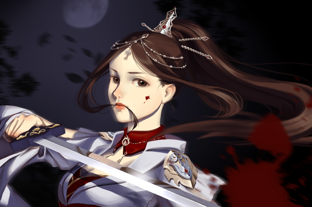 nikki (series), shining nikki, chinese commentary, commentary, 1girl, aqunaqunyingfen, arm cutout, beads, blood, blood on face, blood splatter, breasts, brown eyes, brown hair, chinese clothes, chinese hairpin, circlet, cleavage, closed mouth, clothing cutout, collar, crimson dust (shining nikki), detached collar, dress, expressionless, eyelashes, floating clothes, gibbous moon, hair beads, hair ornament, hairpin, high ponytail, holding, holding sword, holding weapon, leaf, lipstick, long hair, looking at viewer, makeup, medium breasts, moon, multiple hairpins, night, night sky, nostrils, outdoors, pink lips, ponytail, realistic, red collar, red dress, robe, sidelocks, sky, solo, sword, tree, upper body, very long hair, weapon, white robe, wide sleeves, wind