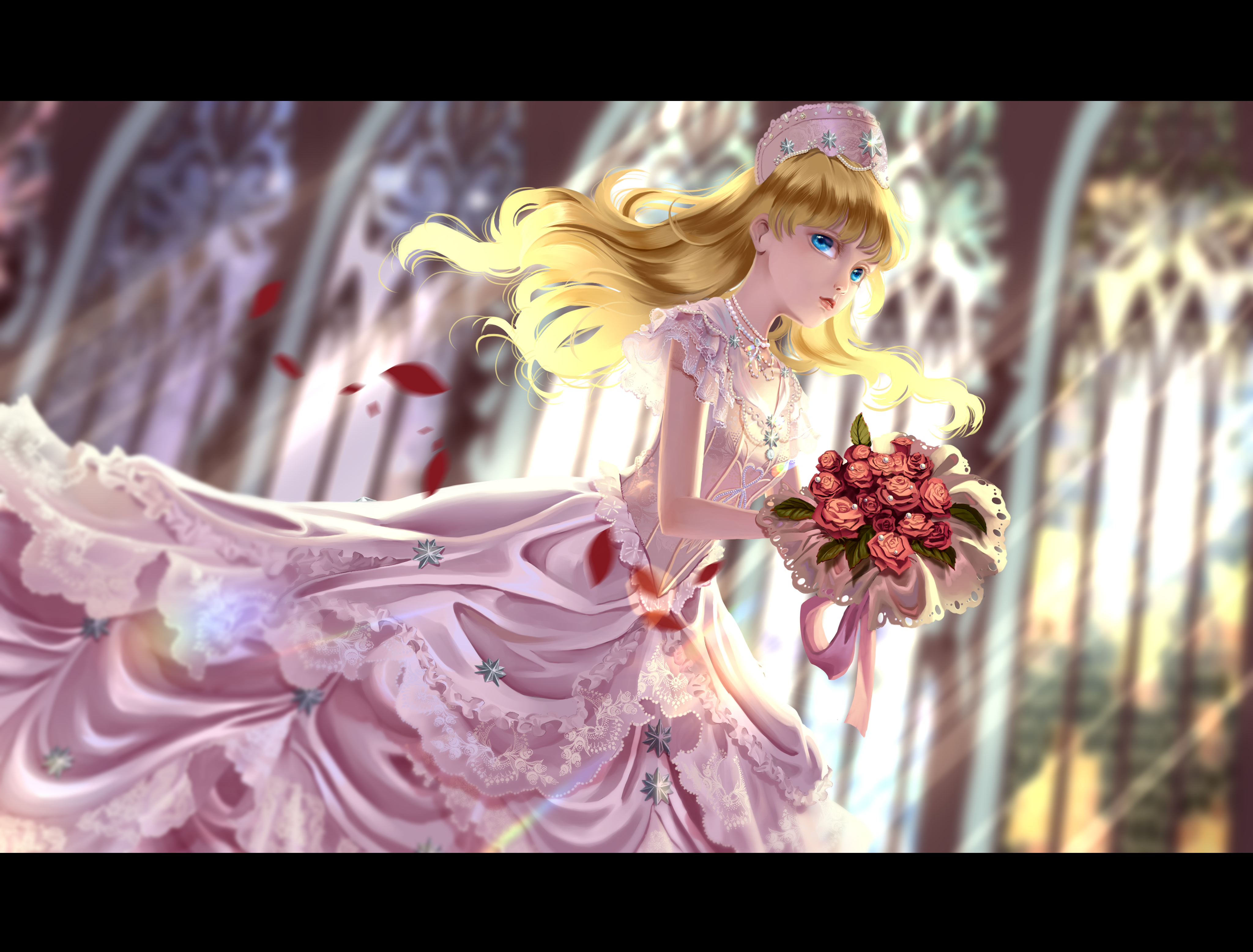 original, absurdres, chinese commentary, commentary request, highres, 1girl, aqunaqunyingfen, bare arms, bead choker, beads, black border, blonde hair, blurry, blurry background, bonnet, border, bouquet, bride, choker, church, cowboy shot, cross-laced clothes, cross-laced dress, day, dress, expressionless, floating hair, flower, gown, hat ornament, hime lolita, holding, holding bouquet, indoors, jewelry, lace, lace-trimmed dress, lace trim, letterboxed, light rays, lolita fashion, long hair, necklace, petals, pink bonnet, pink dress, red flower, red rose, rose, rose petals, short sleeves, solo, star (symbol), star hat ornament, very long hair, wedding dress, white choker