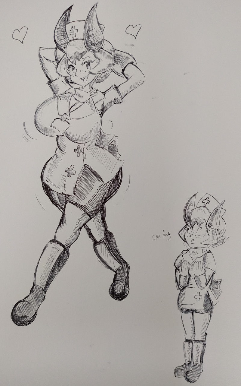 pikapika212, patty (skullgirls), skullgirls, tagme, boots, breasts, flat chest, freckles, gloves, hat, horns, huge breasts, latex, latex gloves, mouth mask, nurse, nurse cap, surgical mask