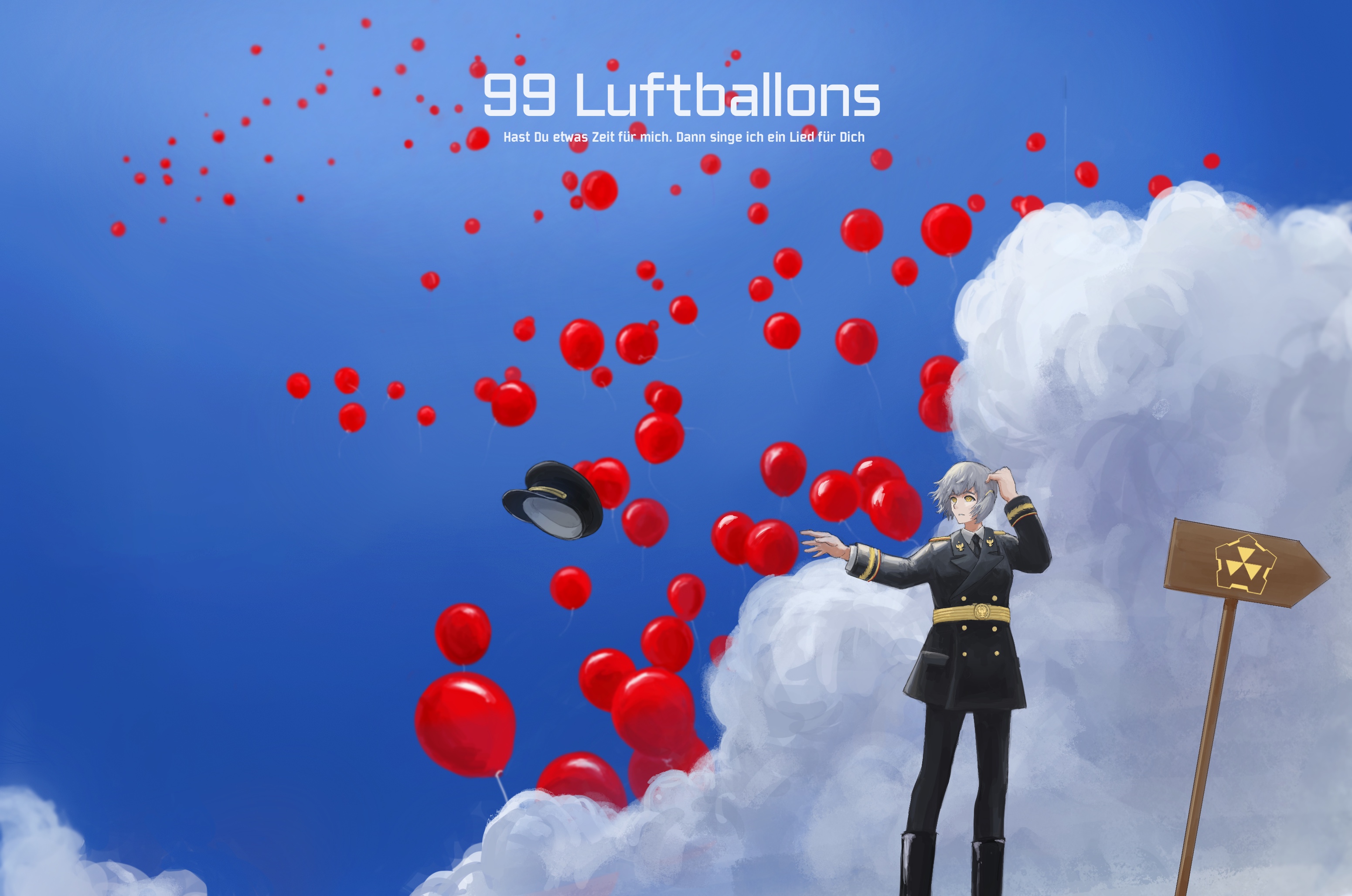 feiqi zhanghao, dmitry yazov, hearts of iron, the new order: last days of europe, highres, 1girl, 99 luftballons, album cover, balloon, belt, belt buckle, black boots, black jacket, black necktie, black pants, blue sky, boots, buckle, buttons, cloud, cover, double-breasted, genderswap, genderswap (mtf), german text, grey hair, hat, jacket, military dress uniform, military uniform, necktie, pants, peaked cap, radiation symbol, road sign, shirt, short hair, siberian black league, sign, sky, unworn hat, unworn headwear, white shirt, yellow eyes