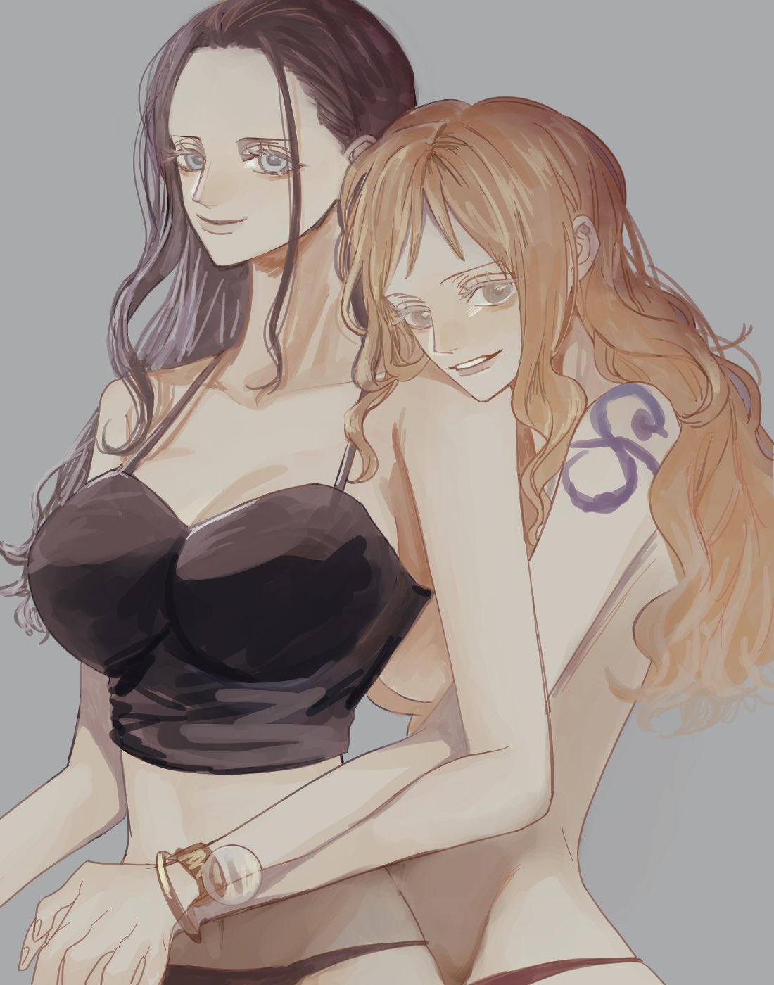 nsgw, nami (one piece), nico robin, one piece, commentary, highres, 2girls, arm tattoo, blue eyes, bracelet, cowboy shot, eyelashes, hug, hug from behind, jewelry, log pose, looking at viewer, multiple girls, nude, orange eyes, orange hair, panties, smile, tattoo, underwear