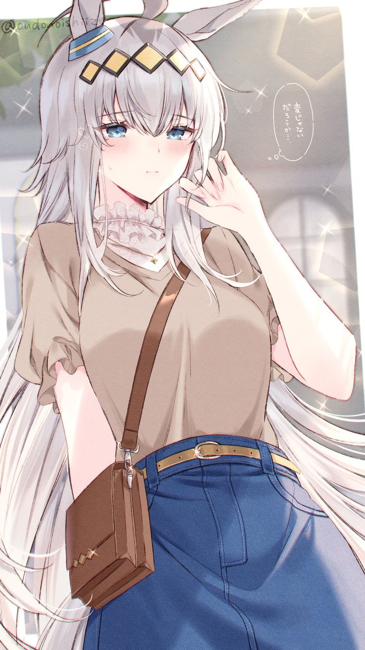 oguri cap (umamusume), umamusume, 2girls, blue eyes, blush, female focus, multiple girls, nervous, skirt, upper body, white hair