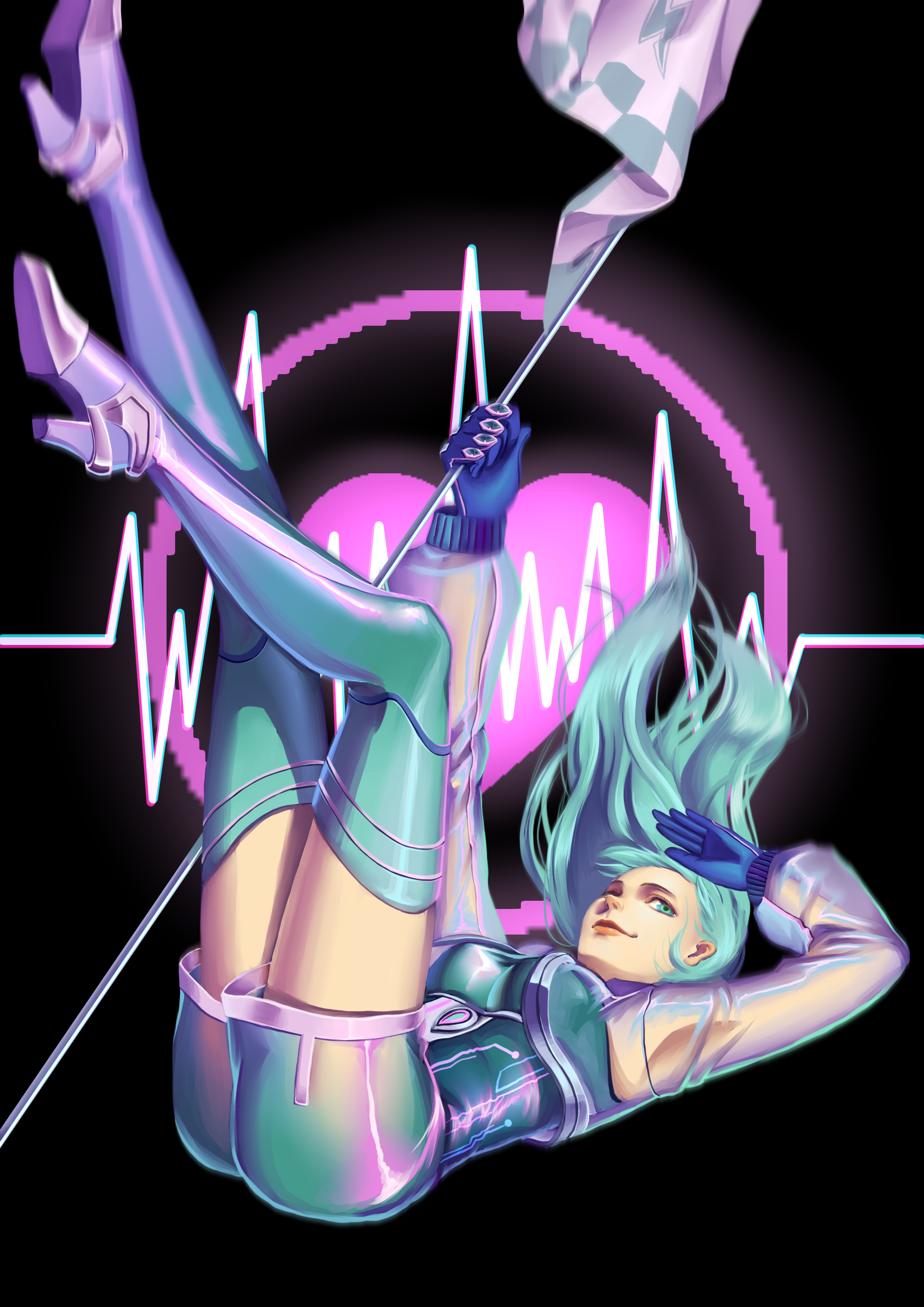 nikki (series), shining nikki, absurdres, chinese commentary, commentary, highres, 1girl, aqua boots, aqua eyes, aqua hair, aqua jacket, aqua shirt, aqua shorts, aqua vest, aqunaqunyingfen, armpits, black background, blue gloves, boots, cardiogram, closed mouth, falling, flag, full body, gloves, gradient boots, grey sleeves, hand on own head, happy, heart, high heel boots, high heels, holding, holding flag, jacket, lightchasing trail (shining nikki), lipstick, long hair, long sleeves, makeup, pink lips, power symbol, puffy long sleeves, puffy sleeves, purple boots, realistic, see-through clothes, see-through shorts, see-through sleeves, shirt, shorts, smile, solo, thigh boots, vest, wavy hair, windchasing shadow (shining nikki)
