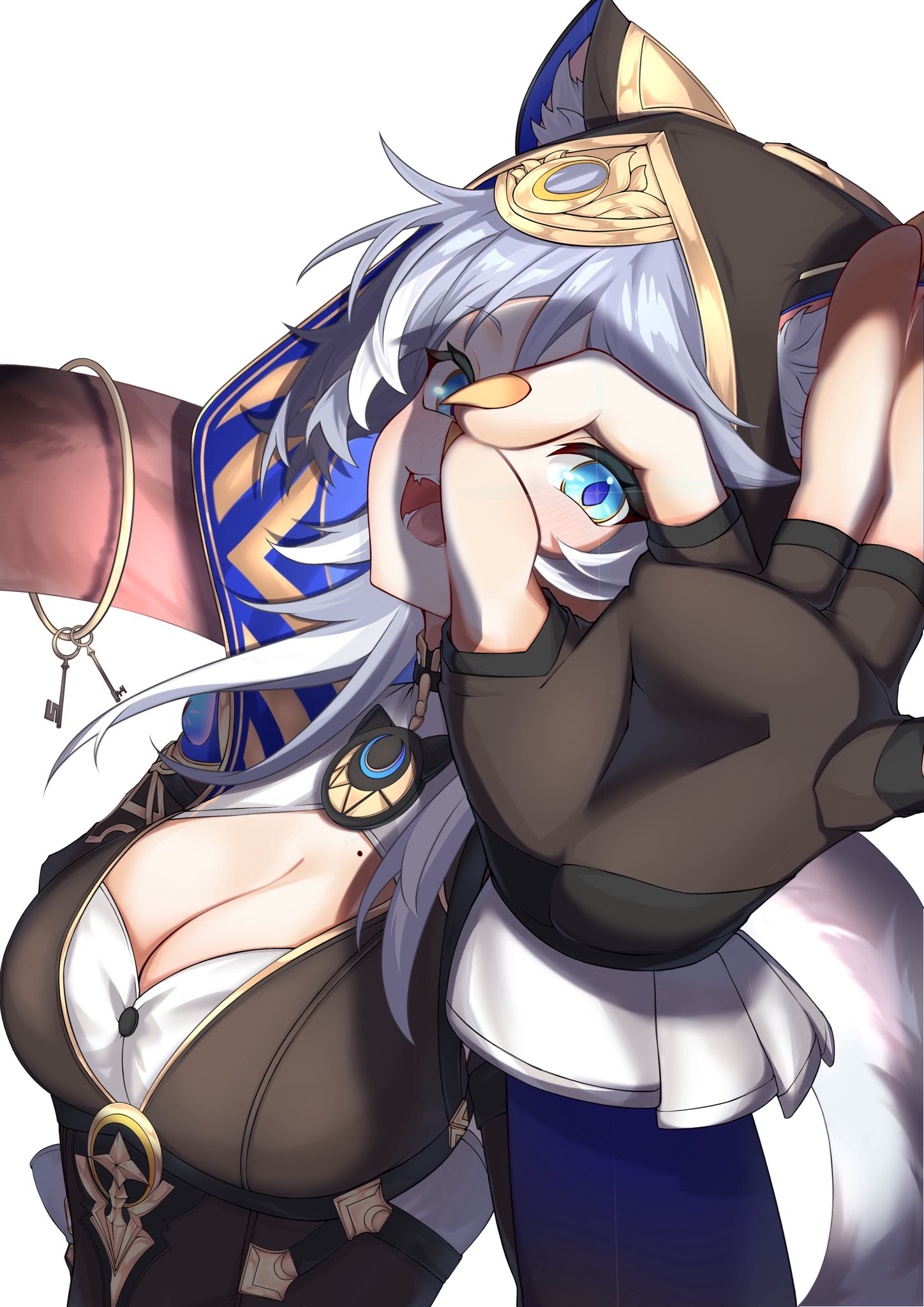 puyopuyo 10, cipher (honkai: star rail), honkai: star rail, honkai (series), commentary request, highres, 1girl, animal ears, animal hood, black gloves, black leotard, blue eyes, breasts, cat ears, cat girl, cat hood, cat tail, cleavage, fingerless gloves, gloves, grey hair, holding, holding with tail, hood, hooded leotard, key, large breasts, leotard, mole, mole on breast, open mouth, prehensile tail, short hair with long locks, simple background, solo, tail, white background