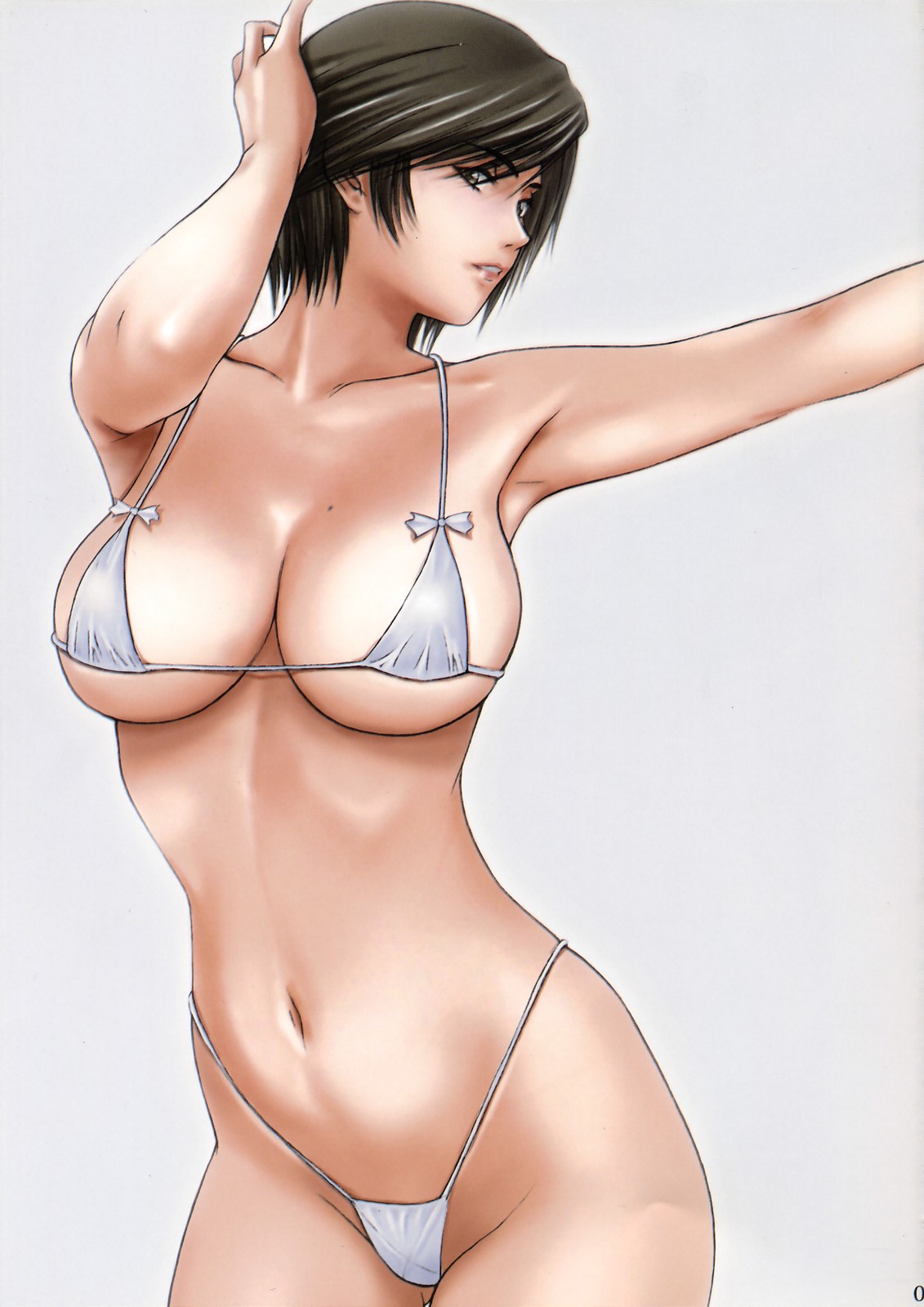momoi nanabei, hinomoto reiko, rumble roses, artbook, highres, scan, 1girl, alternate costume, armpits, bikini, black hair, bow, bow bikini, breasts, cleavage, cowboy shot, female focus, hand on own head, highleg, highleg bikini, large breasts, micro bikini, mole, mole on breast, navel, short hair, simple background, solo, standing, string bikini, swept bangs, swimsuit, underboob, white background, white bikini