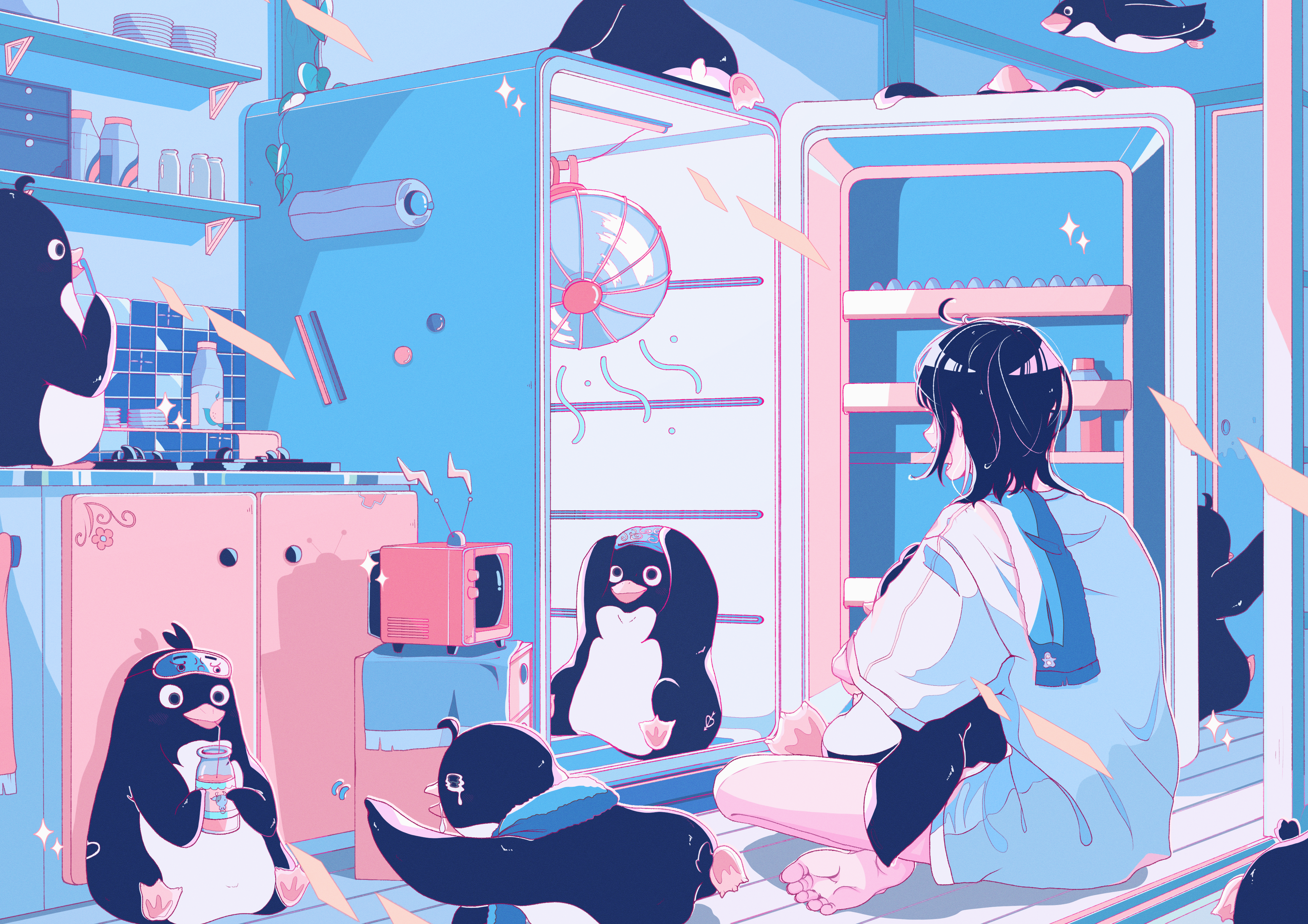 yasi irasuto, original, absurdres, commentary request, highres, 1girl, barefoot, bird, black hair, blue theme, drinking, drinking straw, electric fan, from side, glass bottle, indian style, indoors, kitchen, long shirt, open mouth, penguin, rabbit ears antenna, refrigerator, shirt, short hair, short sleeves, sitting, soles, solo, sparkle, t-shirt, television, too many, too many birds, towel, towel on one shoulder