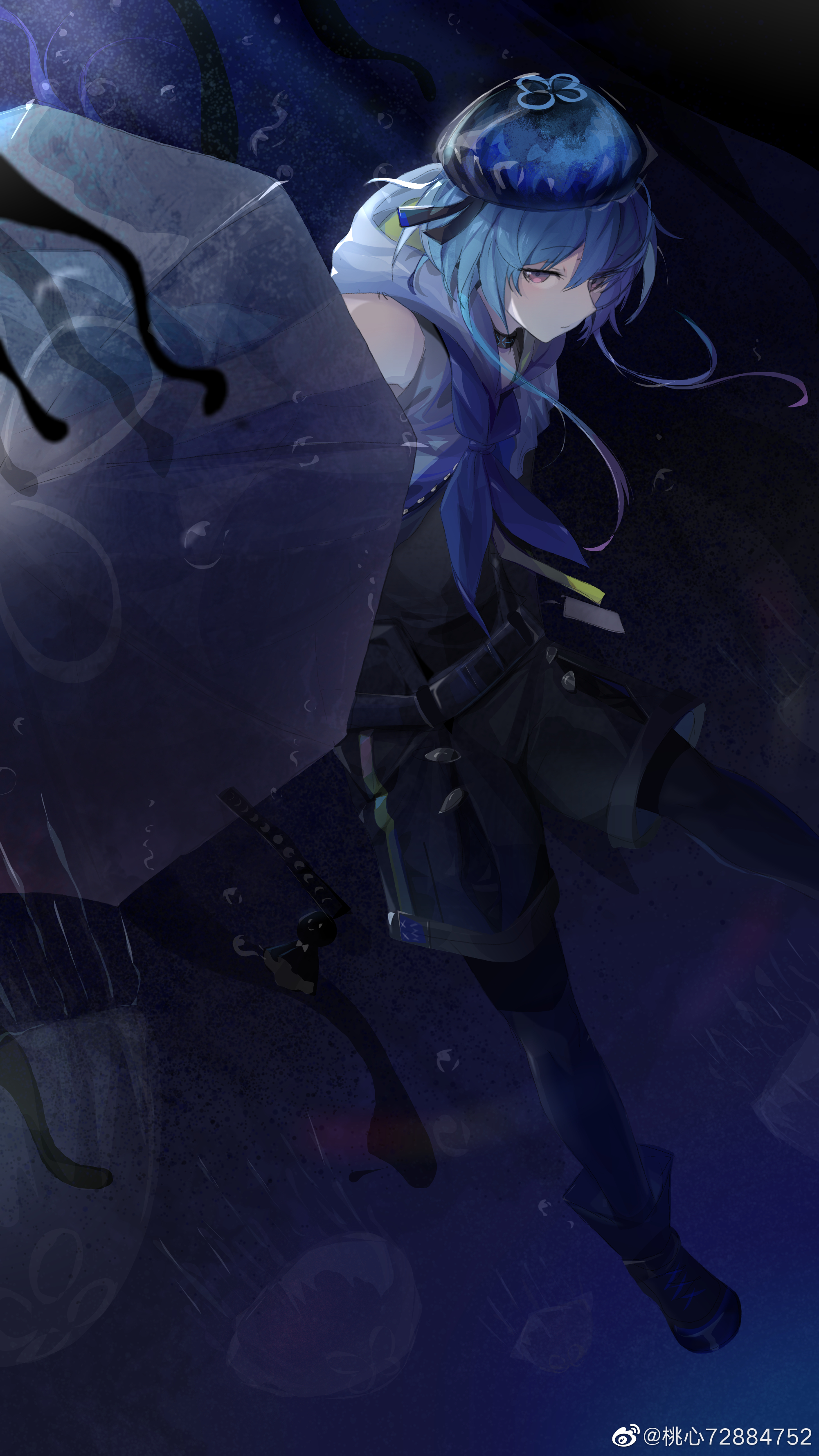 shabi96522, mizuki (arknights), arknights, absurdres, commentary request, highres, 1boy, black boots, black shorts, blue hair, blue neckerchief, boots, expressionless, hood, hood down, jellyfish, jellyfish hair ornament, male focus, neckerchief, pink eyes, short hair with long locks, shorts, solo, transparent, transparent umbrella, umbrella