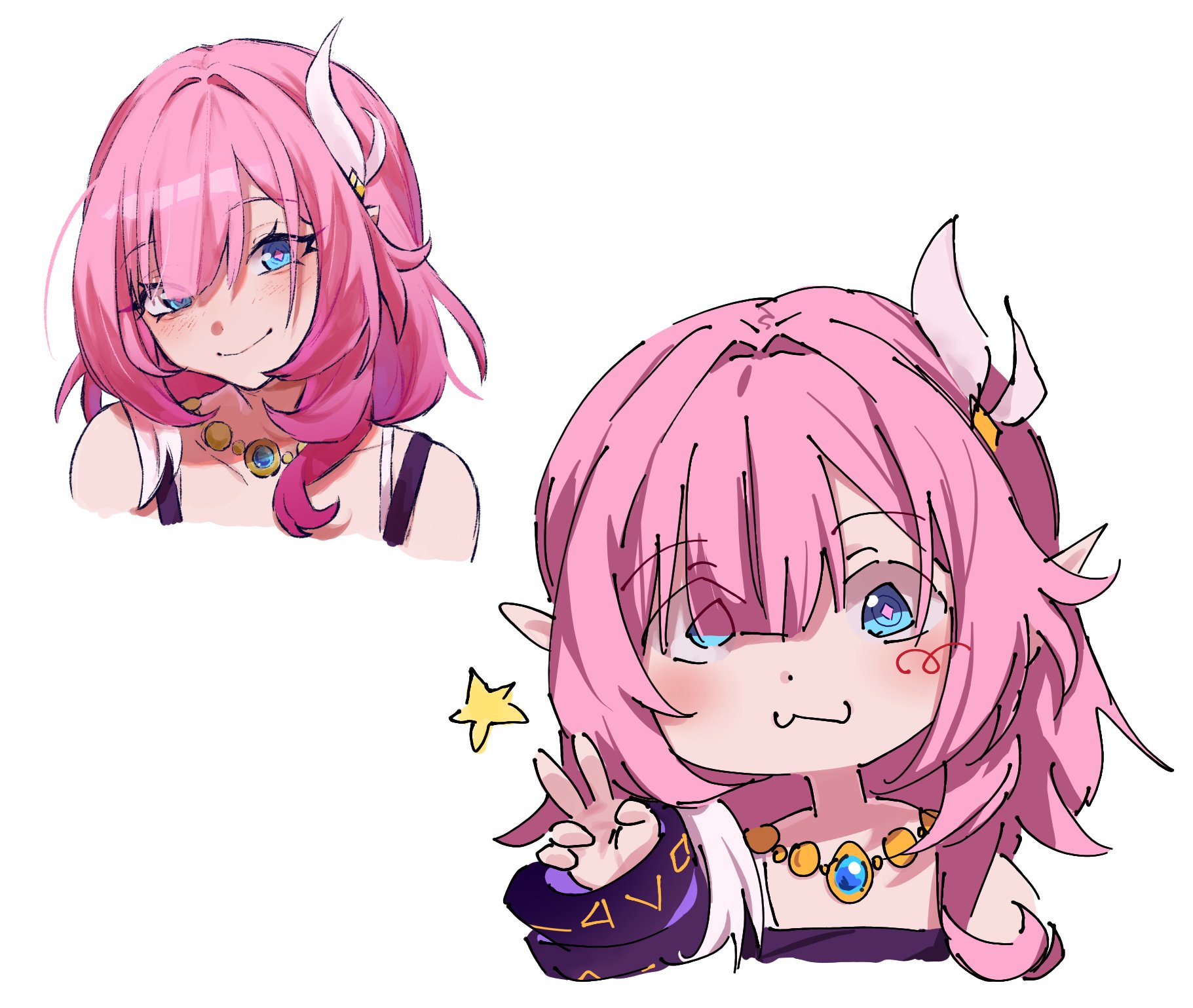 cyrene (honkai: star rail), honkai: star rail, honkai (series), commentary, highres, symbol-only commentary, 1girl, bare shoulders, blue eyes, coat, cropped torso, daisyawkward, hair ornament, jewelry, necklace, pink hair, pointy ears, purple coat, smile, star (symbol), v, white background, white hair