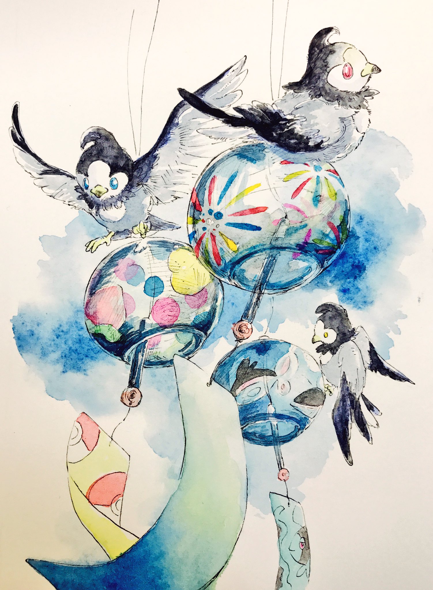 mint nappa, starly, nintendo, pokemon, commentary request, highres, painting (medium), traditional media, watercolor (medium), bird, blue eyes, gen 4 pokemon, no humans, red eyes, white background, wind chime, wind chime focus