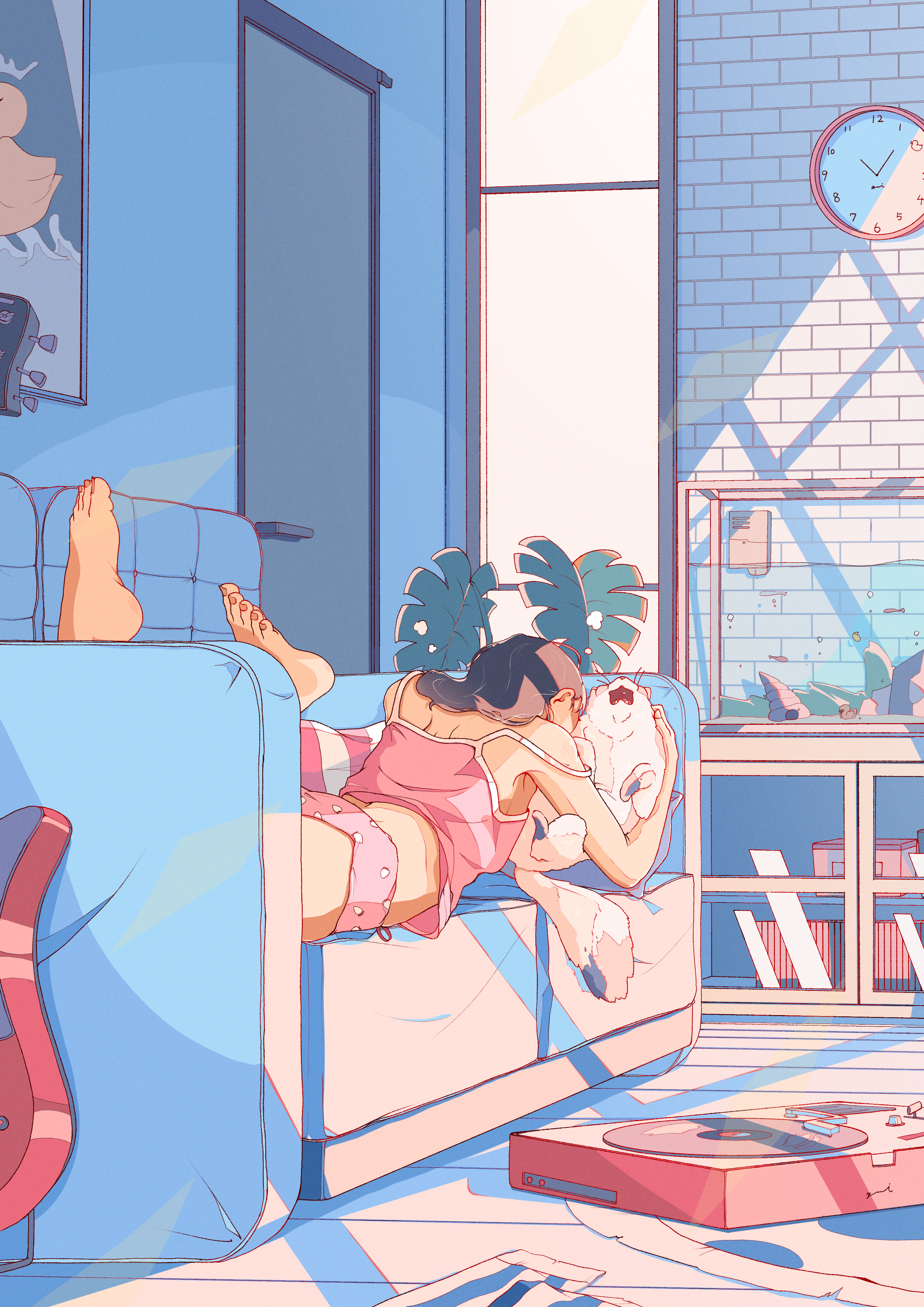 yasi irasuto, original, absurdres, commentary request, highres, 1girl, animal, armpit peek, barefoot, blue theme, brown hair, camisole, cat, couch, feet, feet up, fish tank, food print, fruit print, indoors, living room, long hair, lying, no pants, on couch, on stomach, panties, pet, phonograph, pink camisole, pink panties, plant, print panties, slice of life, solo, strap slip, strawberry panties, strawberry print, toenails, underwear