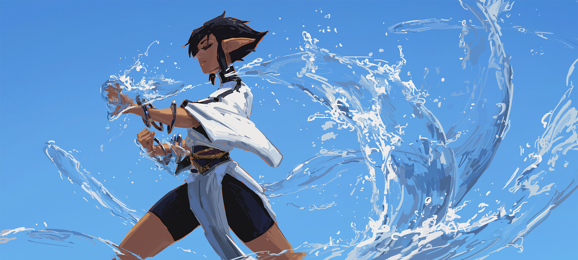 kan liu (666k), original, chinese commentary, highres, 1girl, belt, bike shorts, black hair, black shorts, blue background, bracelet, chinese clothes, clenched hand, closed eyes, closed mouth, dark-skinned female, dark skin, day, high collar, hydrokinesis, jewelry, magic, pointy ears, shadow, short hair, shorts, solo, water, wide sleeves