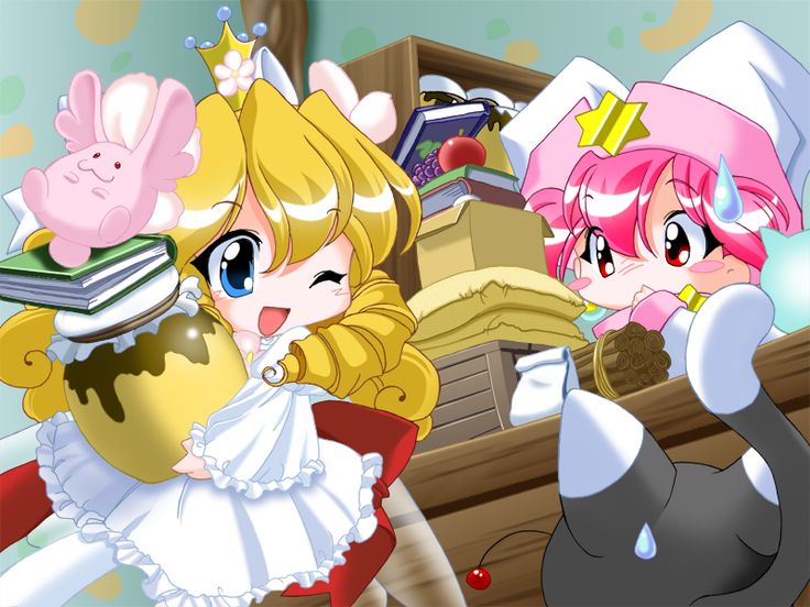artist request, character request, game cg, non-web source, 2girls, animal, blonde hair, blue eyes, blush stickers, com-chan, crown, dress, drill hair, flower, getchu.com, hair flower, hair ornament, hime (getchu ya getchu!!), multiple girls, one eye closed, open mouth, pink eyes, pink hair, smile, sweatdrop, white dress