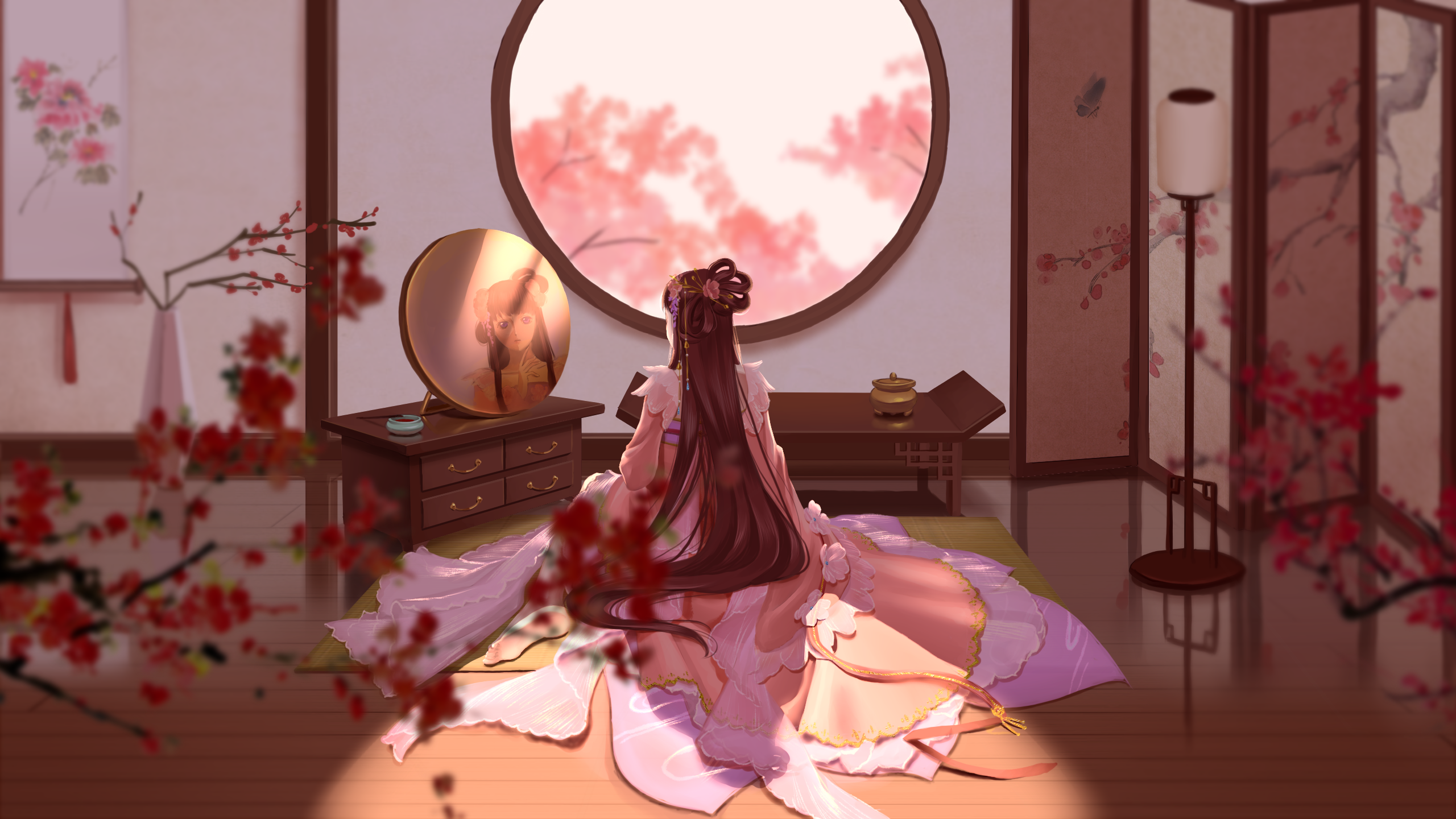 nikki (series), shining nikki, chinese commentary, commentary request, highres, partial commentary, 1girl, aqunaqunyingfen, bamboo screen, branch, brown eyes, brown hair, cherry blossoms, chinese clothes, closed mouth, day, drawer, expressionless, flower, from behind, full body, hair flower, hair ornament, hair rings, hair spread out, hanfu, indoors, lamp, long hair, long sleeves, mirror, pink flower, pink hanfu, plum blossoms, realistic, red flower, reflection, round window, sitting, solo, straight hair, sunlight, tassel, tree, vase, very long hair, window