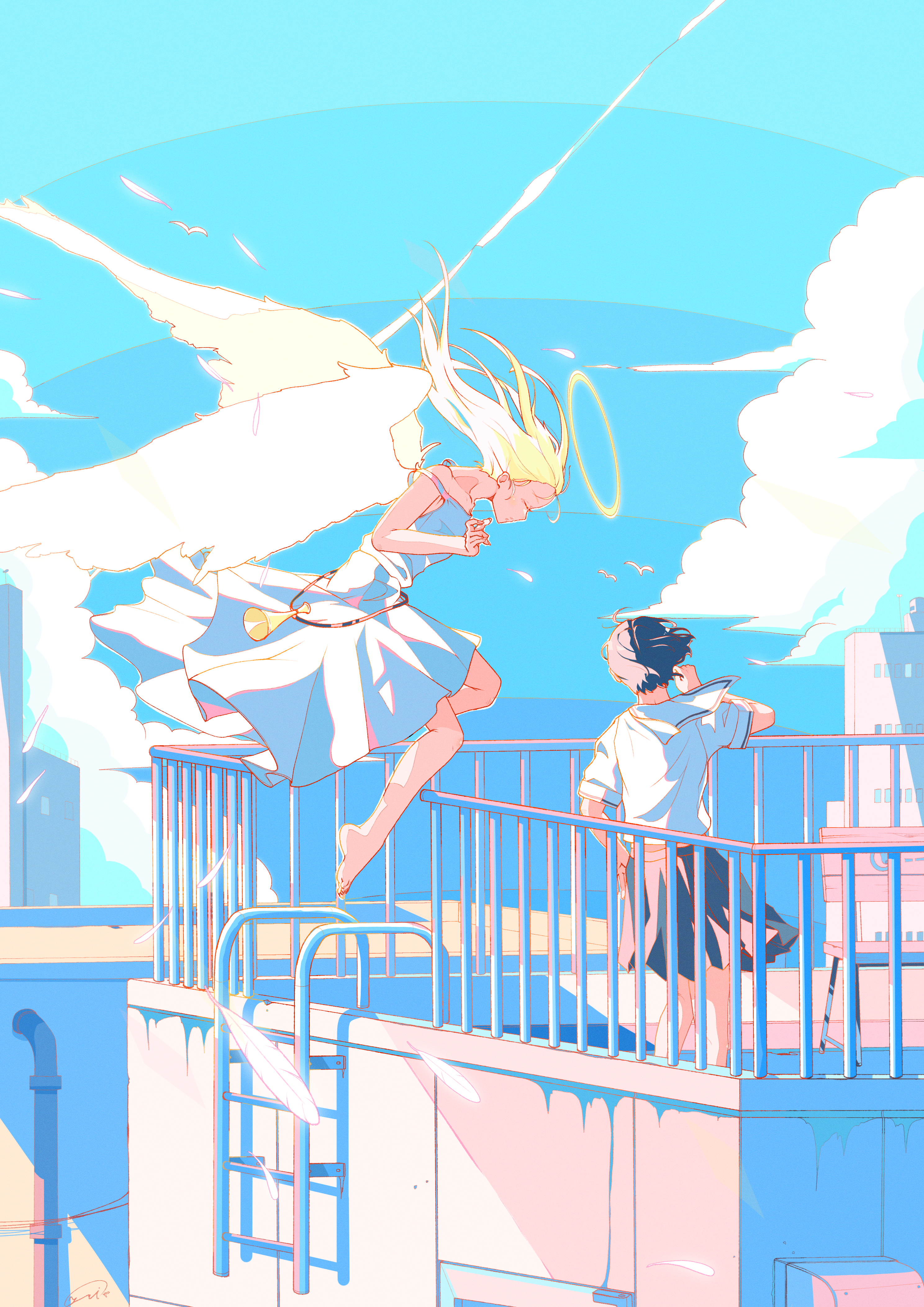 yasi irasuto, original, absurdres, commentary request, highres, 2girls, angel, angel wings, barefoot, black hair, black skirt, blonde hair, blue sky, blue theme, closed eyes, closed mouth, cloud, day, dress, falling feathers, feathers, floating hair, flying, halo, hand up, ladder, lead pipe, long hair, multiple girls, on rooftop, outdoors, pleated skirt, railing, sailor collar, school uniform, serafuku, shirt, short hair, simple bird, skirt, sky, sleeveless, sleeveless dress, strap slip, traditional halo, white dress, white sailor collar, white shirt, wings