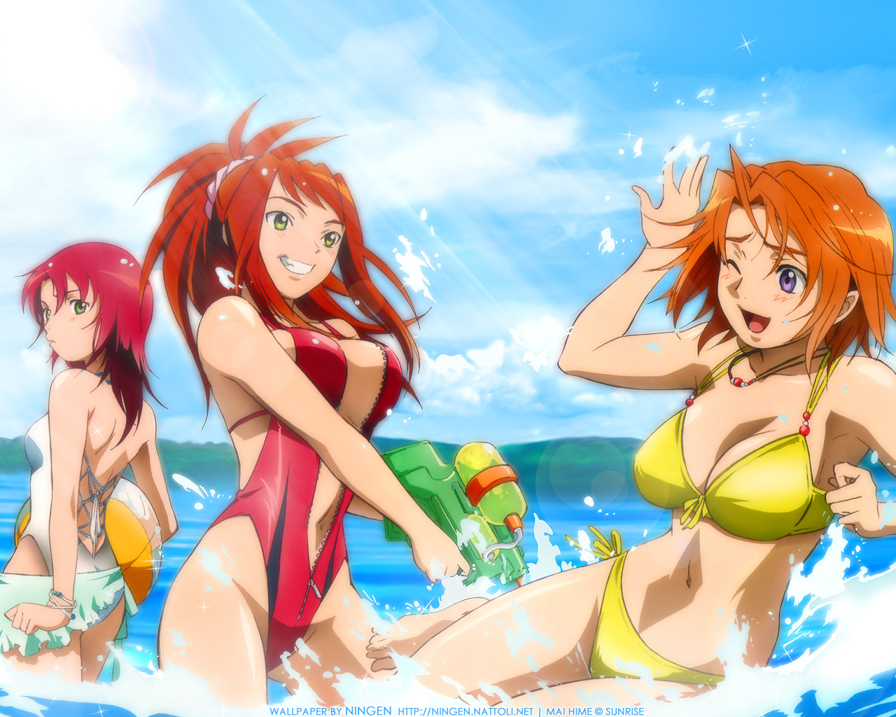 sugiura midori, tokiha mai, yuuki nao, my-hime, 00s, 3girls, beach, bikini, blue eyes, cleavage cutout, clothing cutout, cloud, multiple girls, navel, ocean, orange hair, purple eyes, red hair, short hair, sparkle, sun, swimsuit, unzipped, water gun, wet