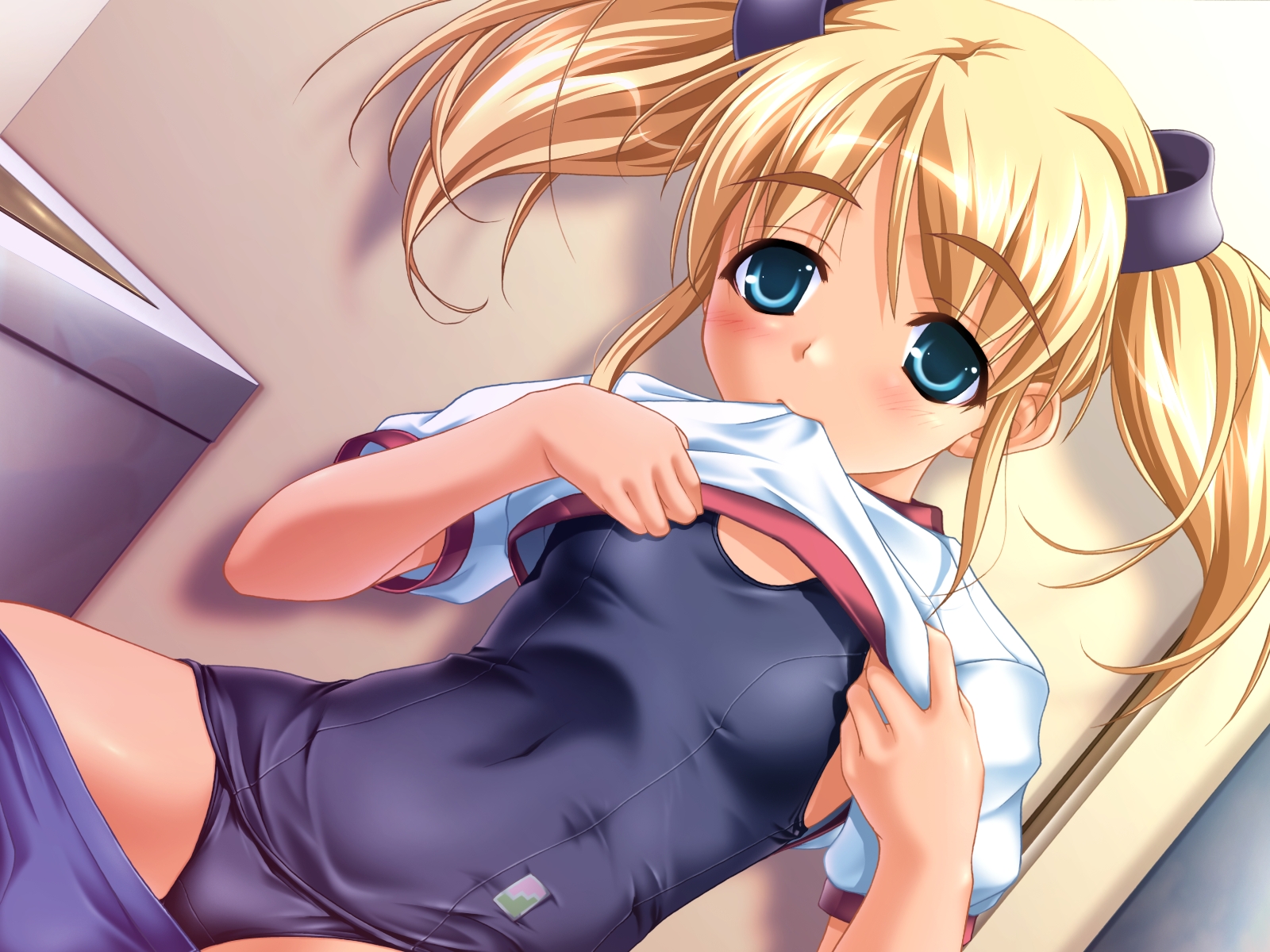 hiiro yuki, kanmi yoshino, yuuguu settai, highres, 1girl, blonde hair, blue buruma, blue eyes, blue one-piece swimsuit, blush, breasts, buruma, buruma pull, clothes lift, clothes pull, female focus, gym uniform, hair ribbon, lifting own clothes, loli, long hair, looking at viewer, mouth hold, one-piece swimsuit, ribbon, school swimsuit, shirt, shirt lift, short sleeves, sitting, small breasts, solo, swimsuit, twintails, undressing, white shirt