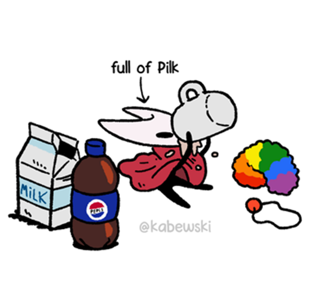 kabewski, hornet (hollow knight), hollow knight, hollow knight: silksong, pepsi, commentary, english commentary, 1girl, bottle, cloak, clown nose, drinking, milk, pilk, red cloak, sitting, solo, unworn wig, wig