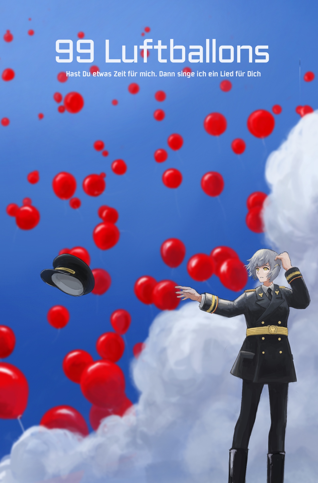 feiqi zhanghao, dmitry yazov, hearts of iron, the new order: last days of europe, highres, 1girl, 99 luftballons, album cover, balloon, belt, belt buckle, black boots, black jacket, black necktie, black pants, blue sky, boots, buckle, buttons, cloud, cover, double-breasted, genderswap, genderswap (mtf), german text, grey hair, hat, jacket, military dress uniform, military jacket, military uniform, necktie, pants, peaked cap, shirt, short hair, siberian black league, sky, unworn hat, unworn headwear, white shirt, yellow eyes