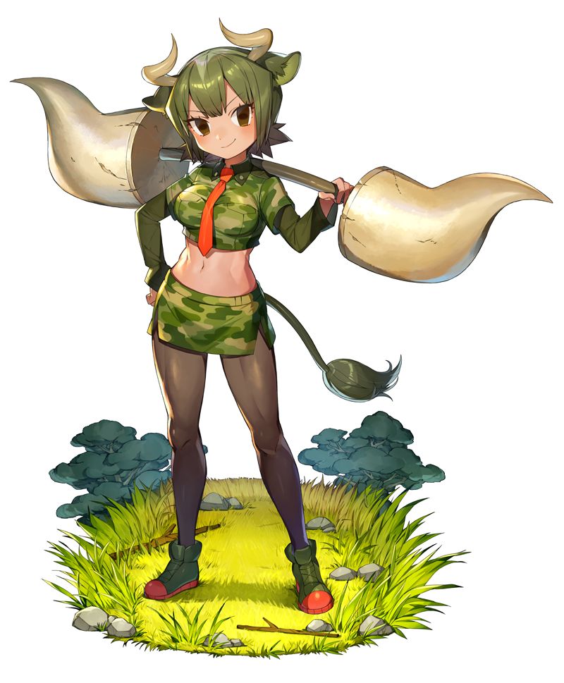 aurochs (kemono friends), kemono friends, kemono friends kingdom, official art, 1girl, animal ears, ankle boots, black skirt, boots, breasts, brown eyes, camouflage, closed mouth, cow ears, cow girl, cow horns, cow tail, crop top, dark-skinned female, dark skin, empty eyes, full body, green boots, green hair, green shirt, green skirt, hand on own hip, holding, holding weapon, horns, legs apart, long sleeves, medium breasts, miniskirt, navel, necktie, pantyhose, red necktie, shirt, short hair, short sleeves, side slit, simple background, skirt, smile, solo, stomach, tail, toned, v-shaped eyebrows, weapon