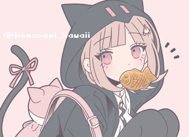 komanami kawaii, nanami chiaki, danganronpa (series), danganronpa 2: goodbye despair, 1girl, animal bag, animal ears, black jacket, black shirt, cat bag, cat ears, cat girl, cat tail, dress shirt, food, hood, hood up, hooded jacket, jacket, long sleeves, mouth hold, notice lines, pink bag, shirt, simple background, solo, tail, takoyaki, white shirt